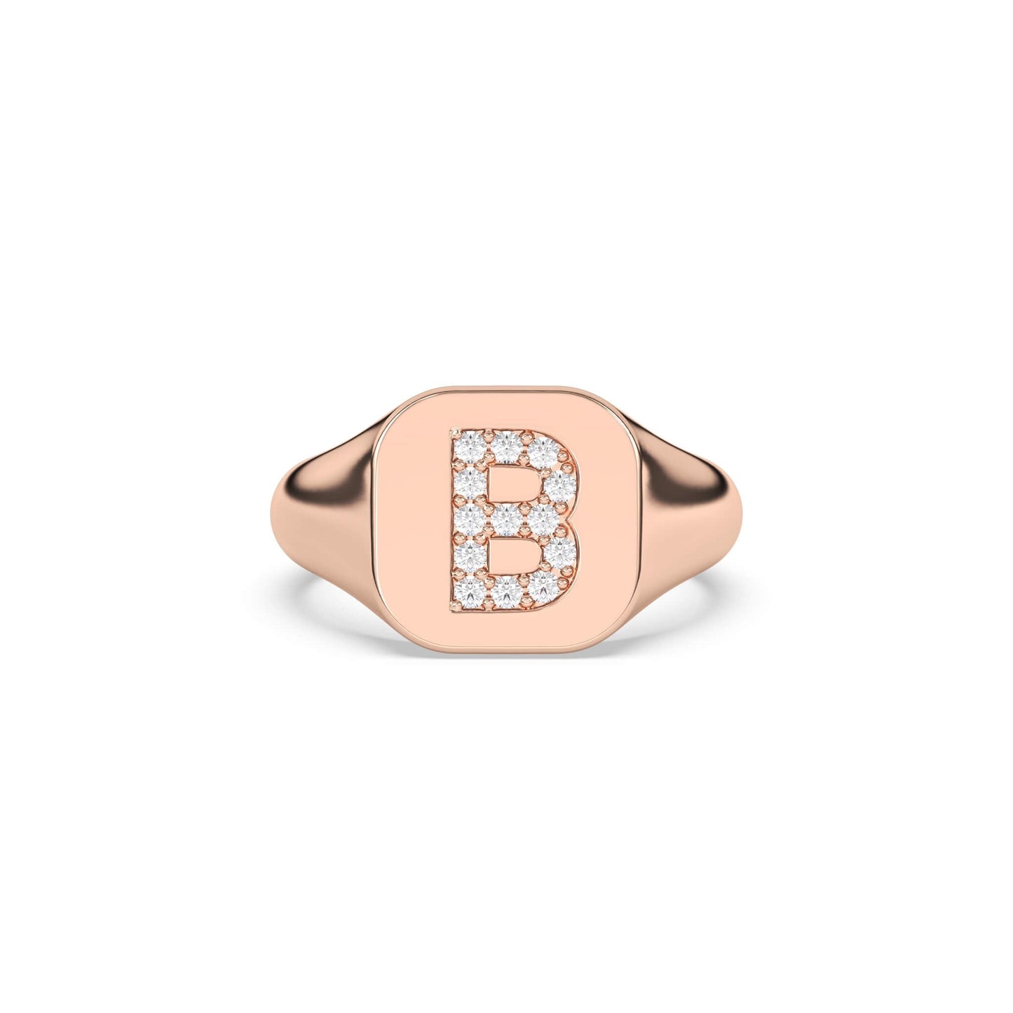 Signet initial ring in 14k solid gold set with diamonds