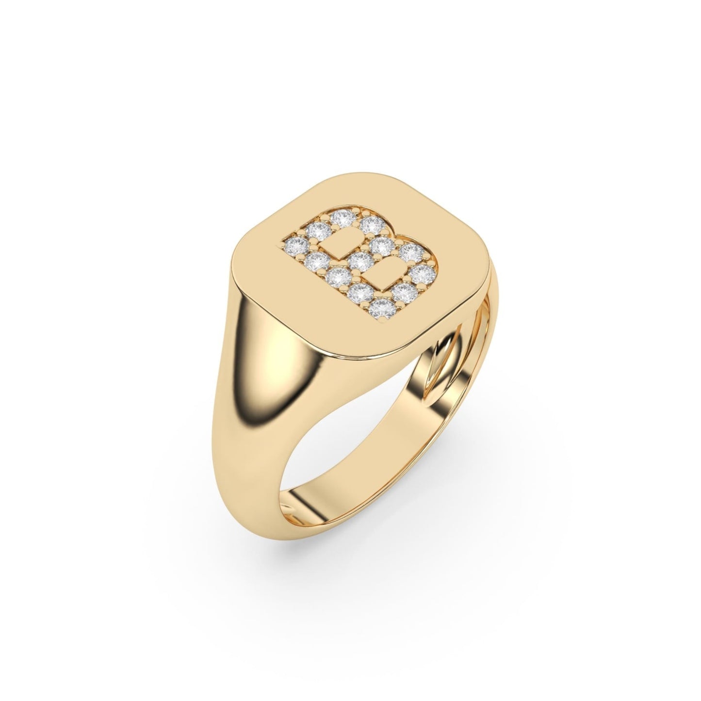 Signet initial ring in 14k solid gold set with diamonds