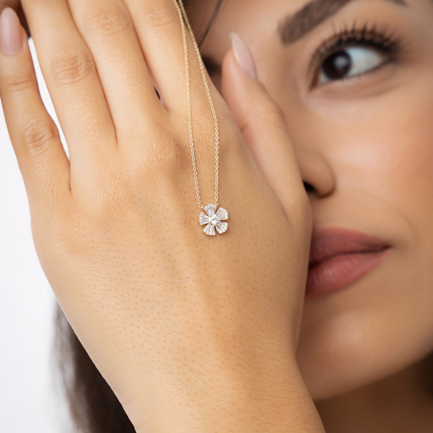 14k Baguette and Round Diamond Flower Necklace