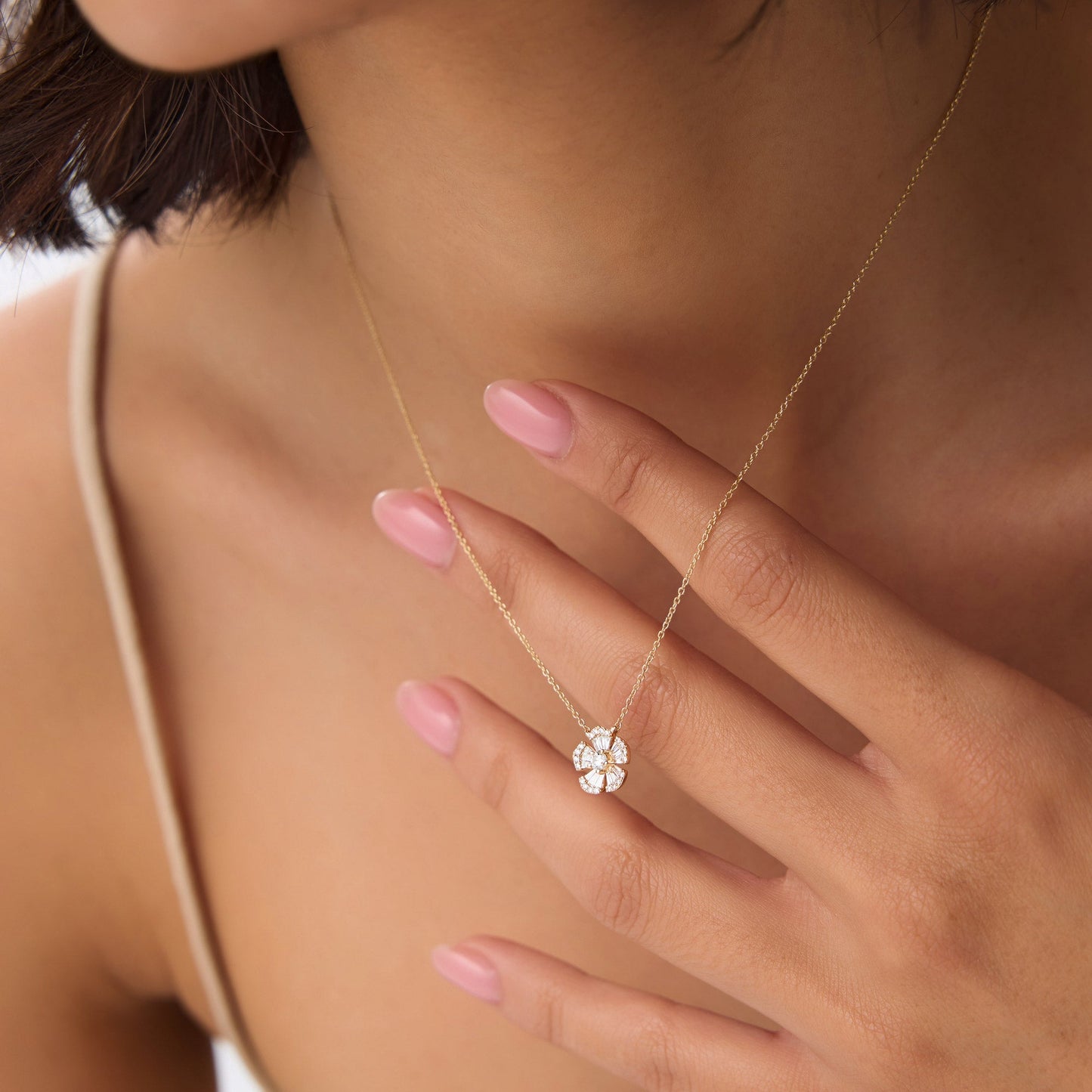 14k Baguette and Round Diamond Flower Necklace