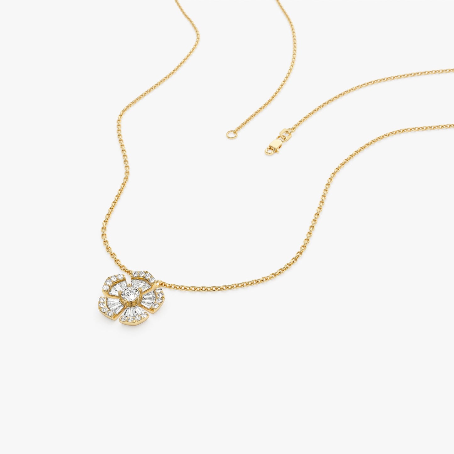14k Baguette and Round Diamond Flower Necklace