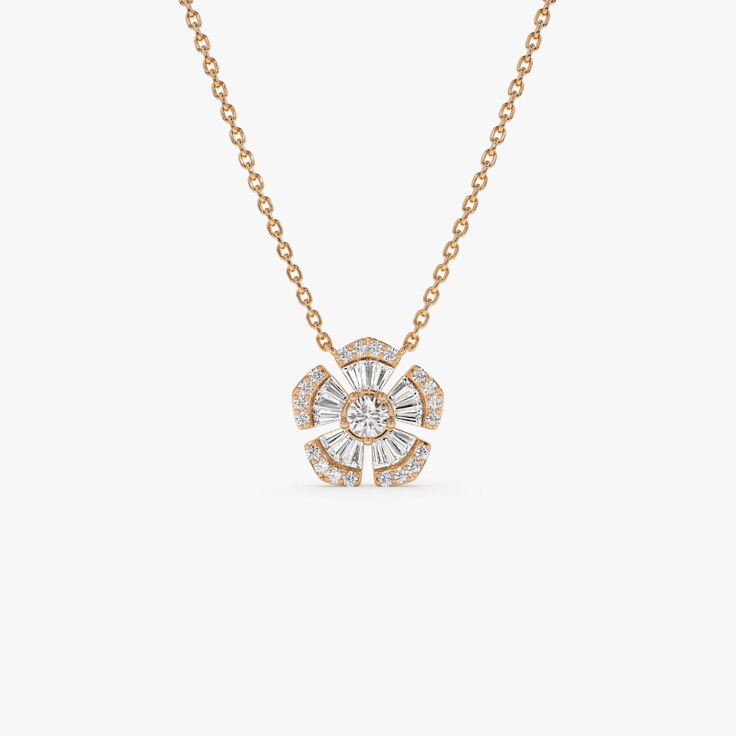 14k Baguette and Round Diamond Flower Necklace
