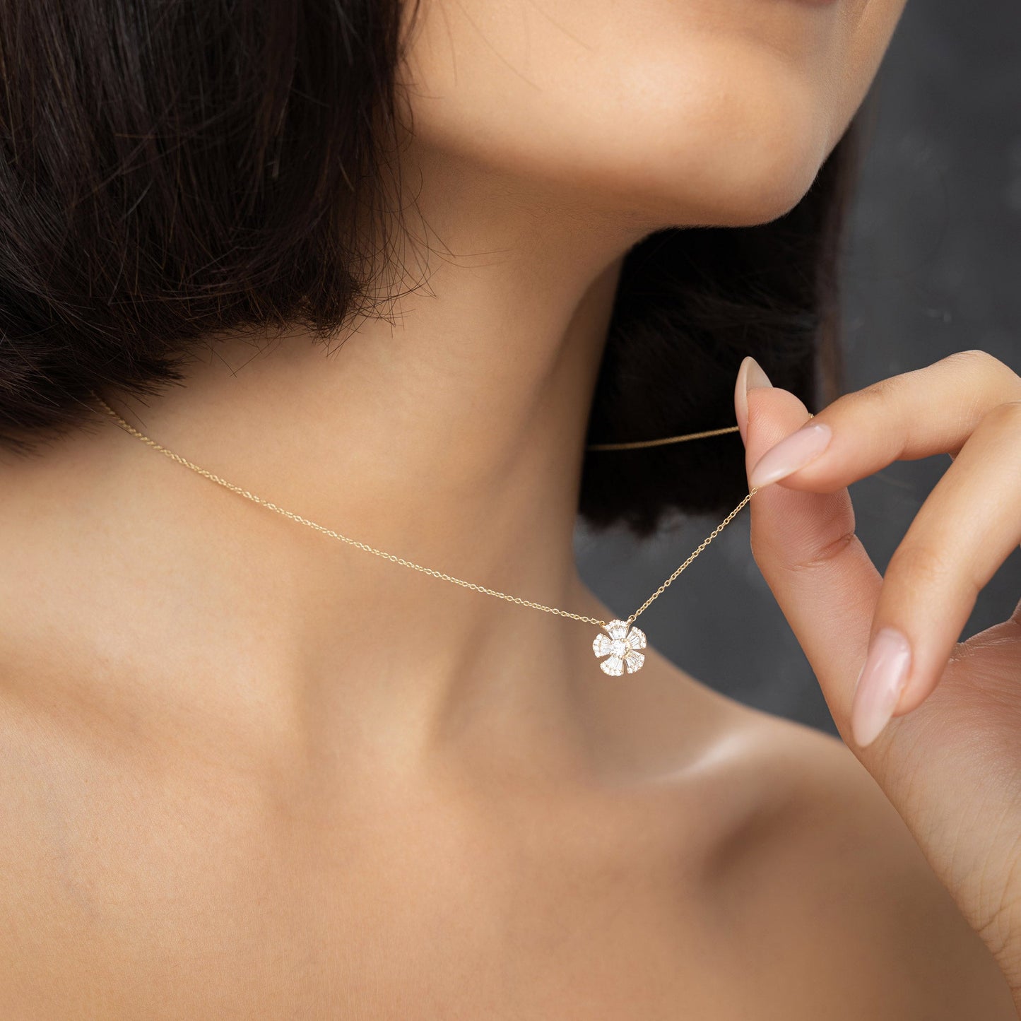 14k Baguette and Round Diamond Flower Necklace