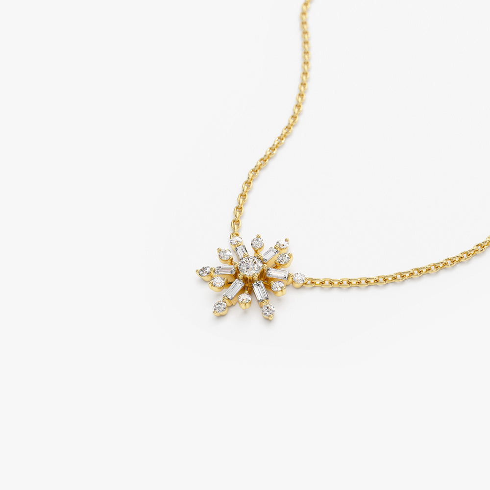 14k Baguette and Round Diamond Snowflake Necklace