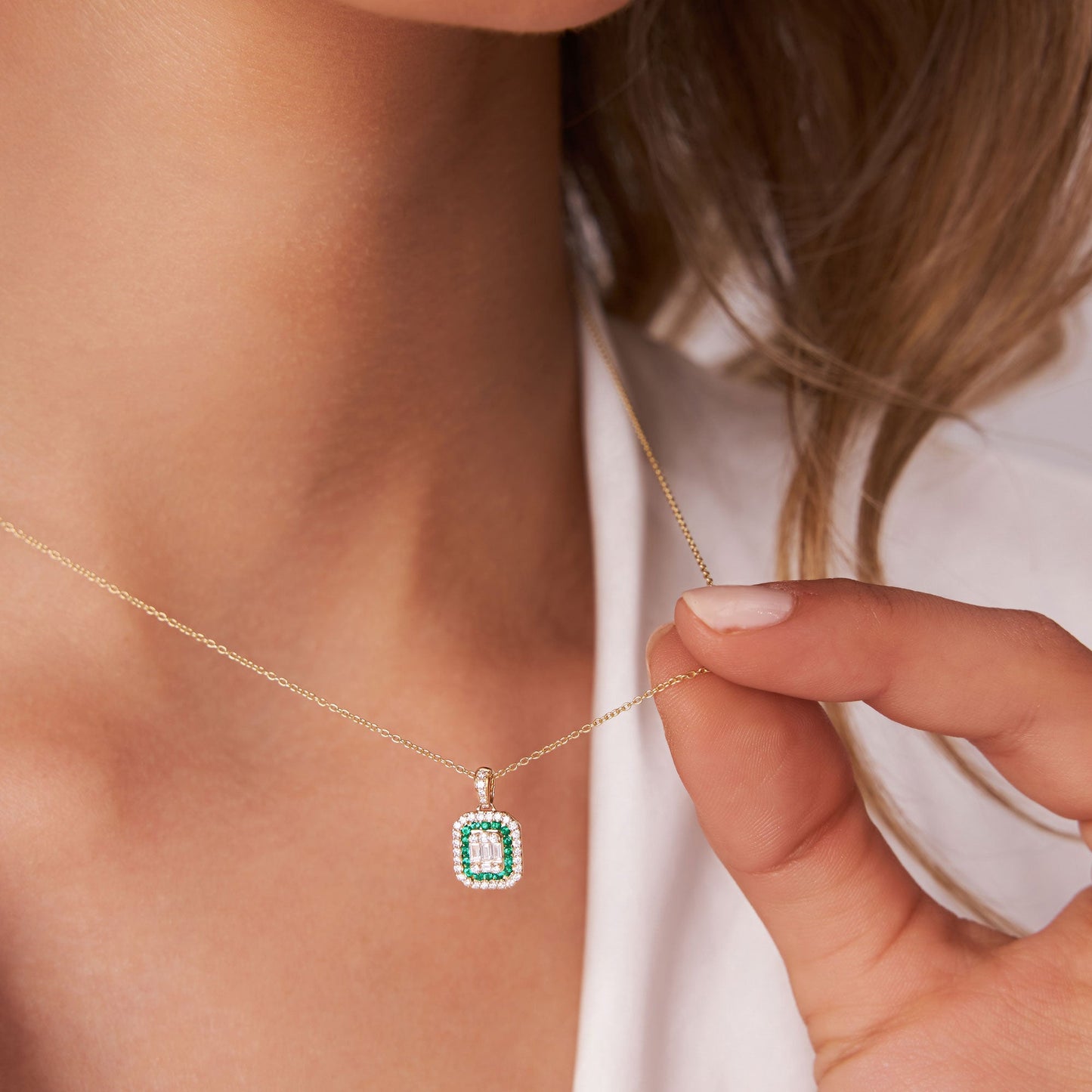 14k Baguette and Round Emerald Necklace with Halo Setting