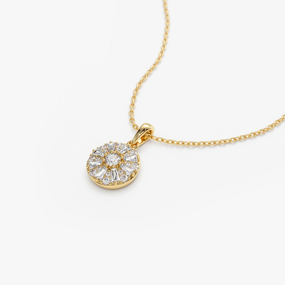 14k Baguette Diamond and Round Diamond Cluster Necklace