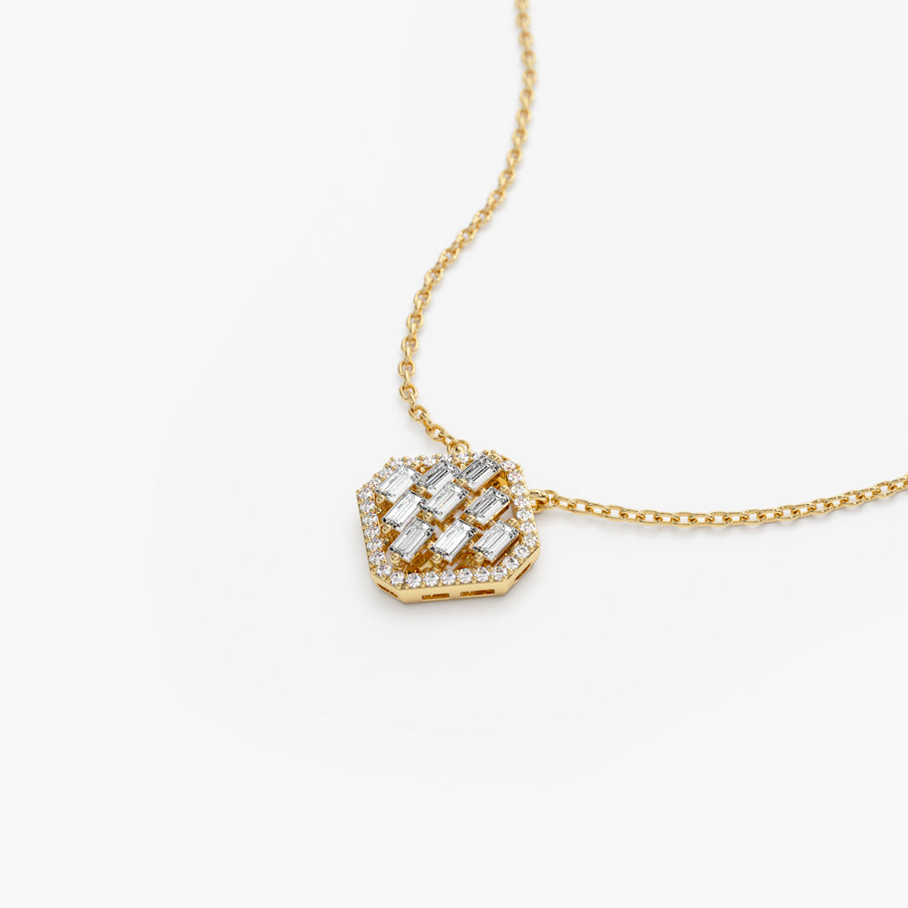 14k Baguette Diamond Necklace in Halo Setting