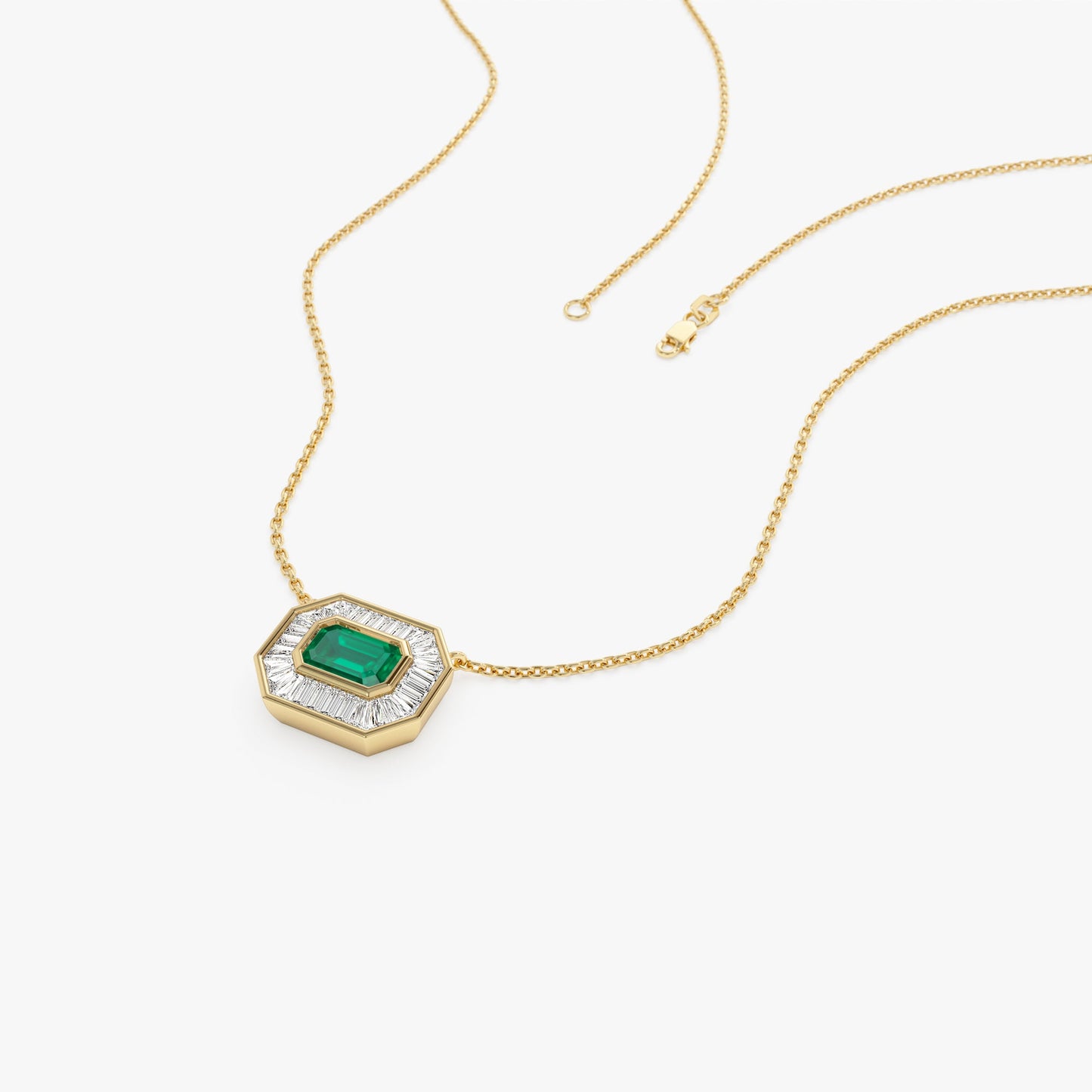 14k Baguette Halo Emerald Necklace