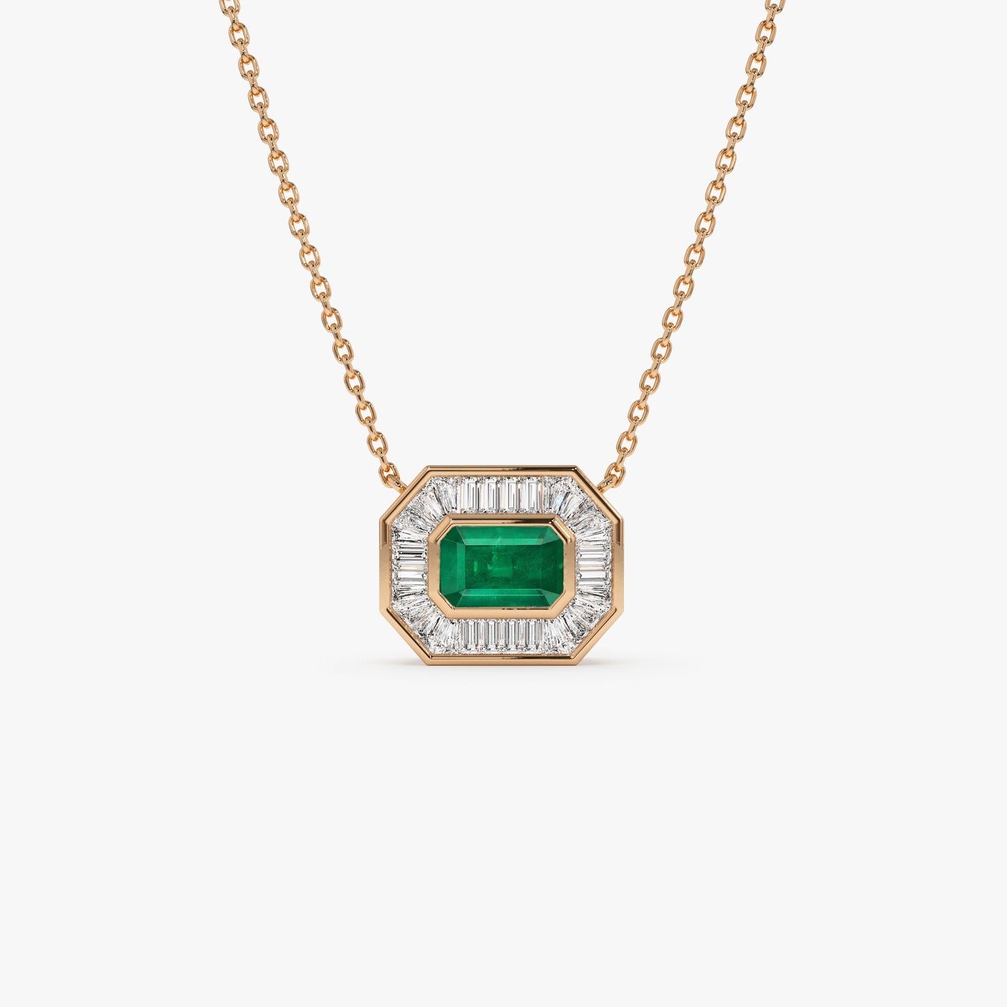 14k Baguette Halo Emerald Necklace