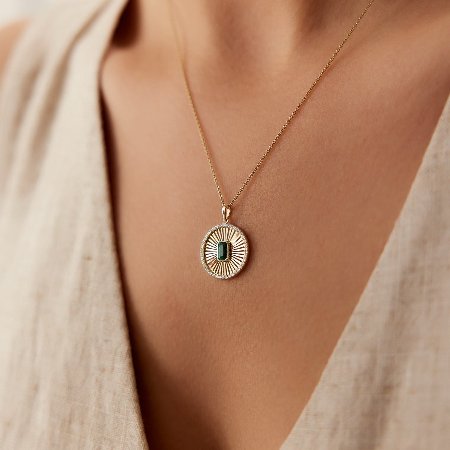 14K Emerald and Diamond Medallion Necklace