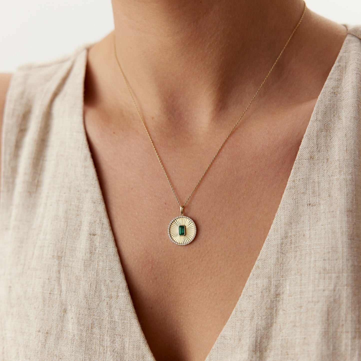 14K Emerald and Diamond Medallion Necklace