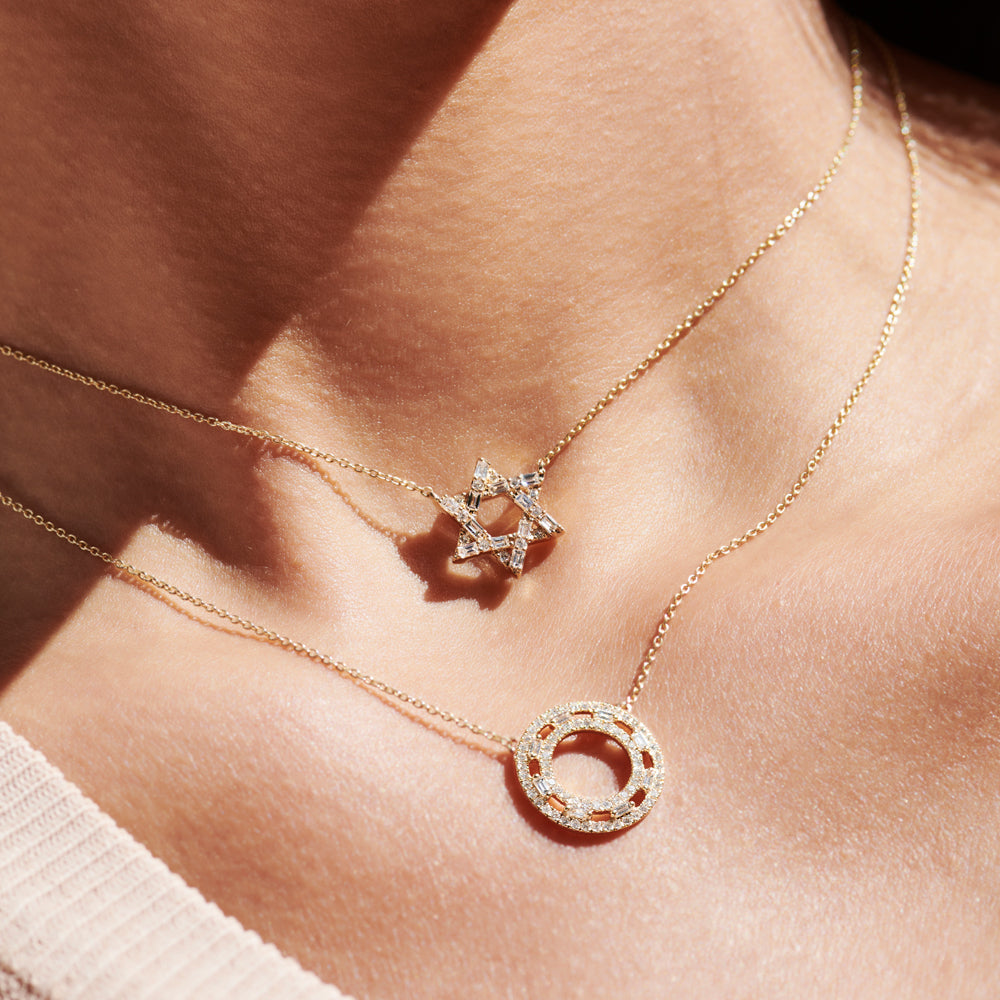 14k Full Circle Baguette & Round Diamond Necklace