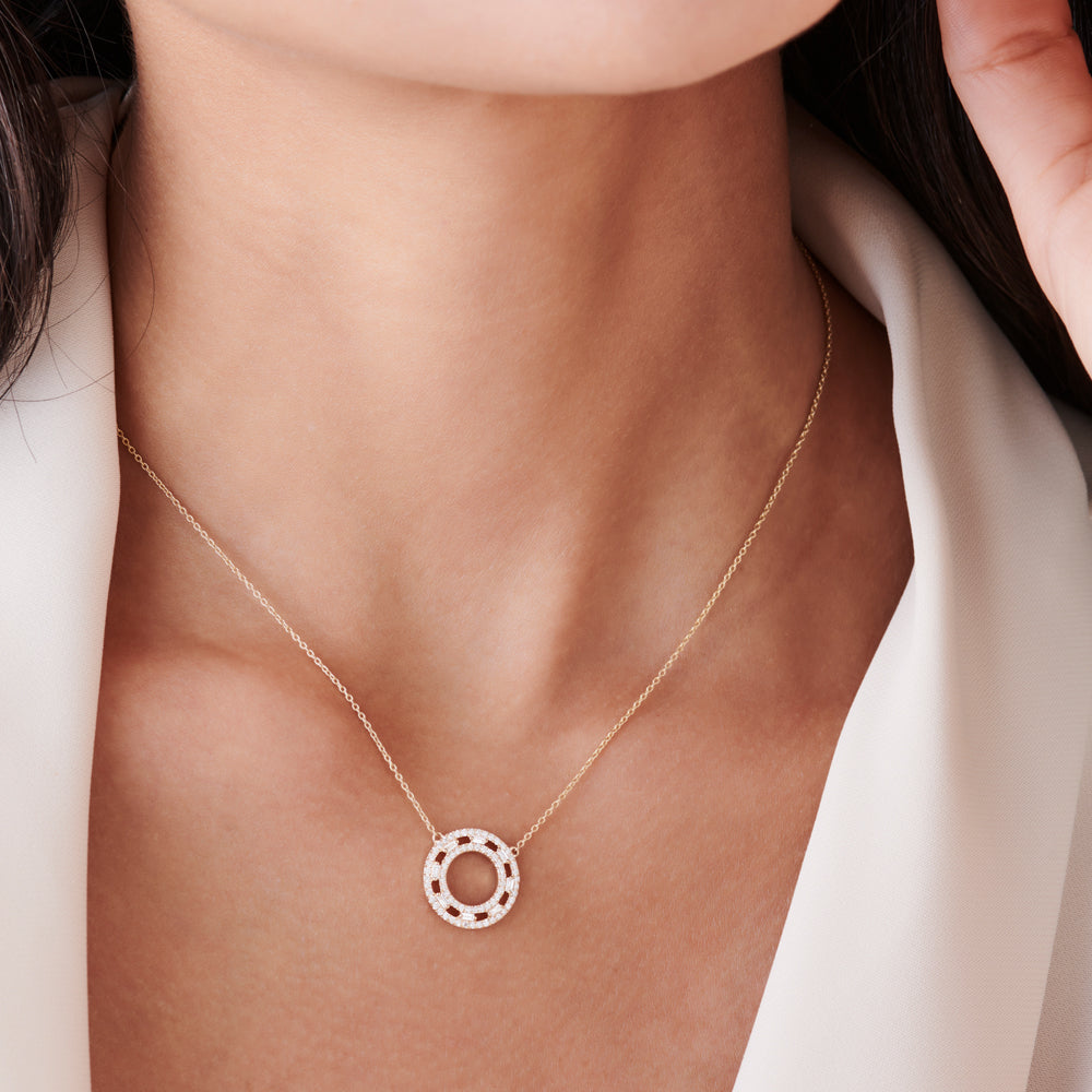 14k Full Circle Baguette & Round Diamond Necklace