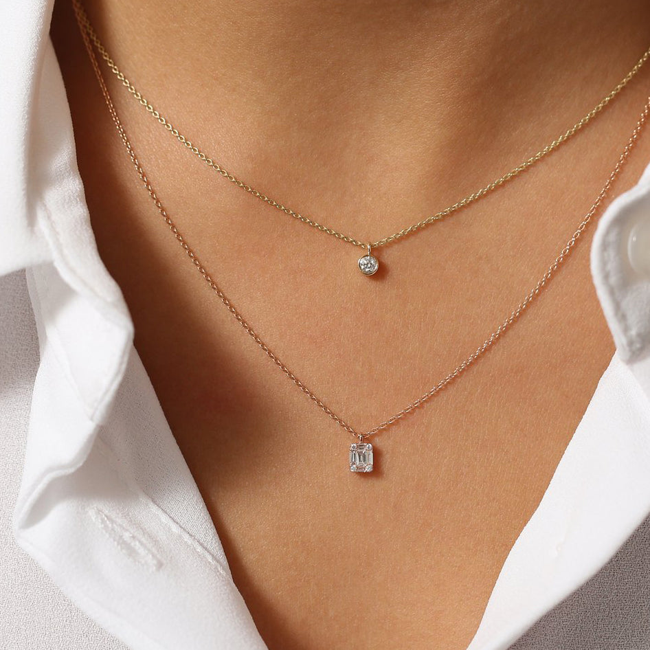 14K Gold Baguette & Round Diamond Charm Pendant