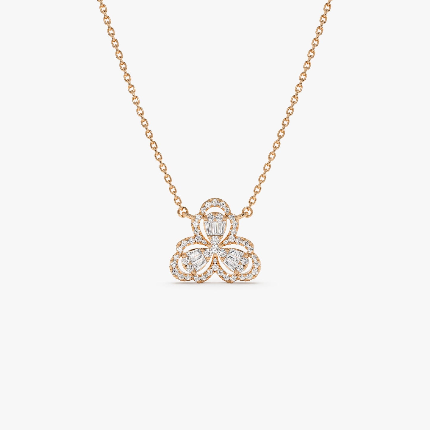14K Gold Clover Baguette Diamond Necklace