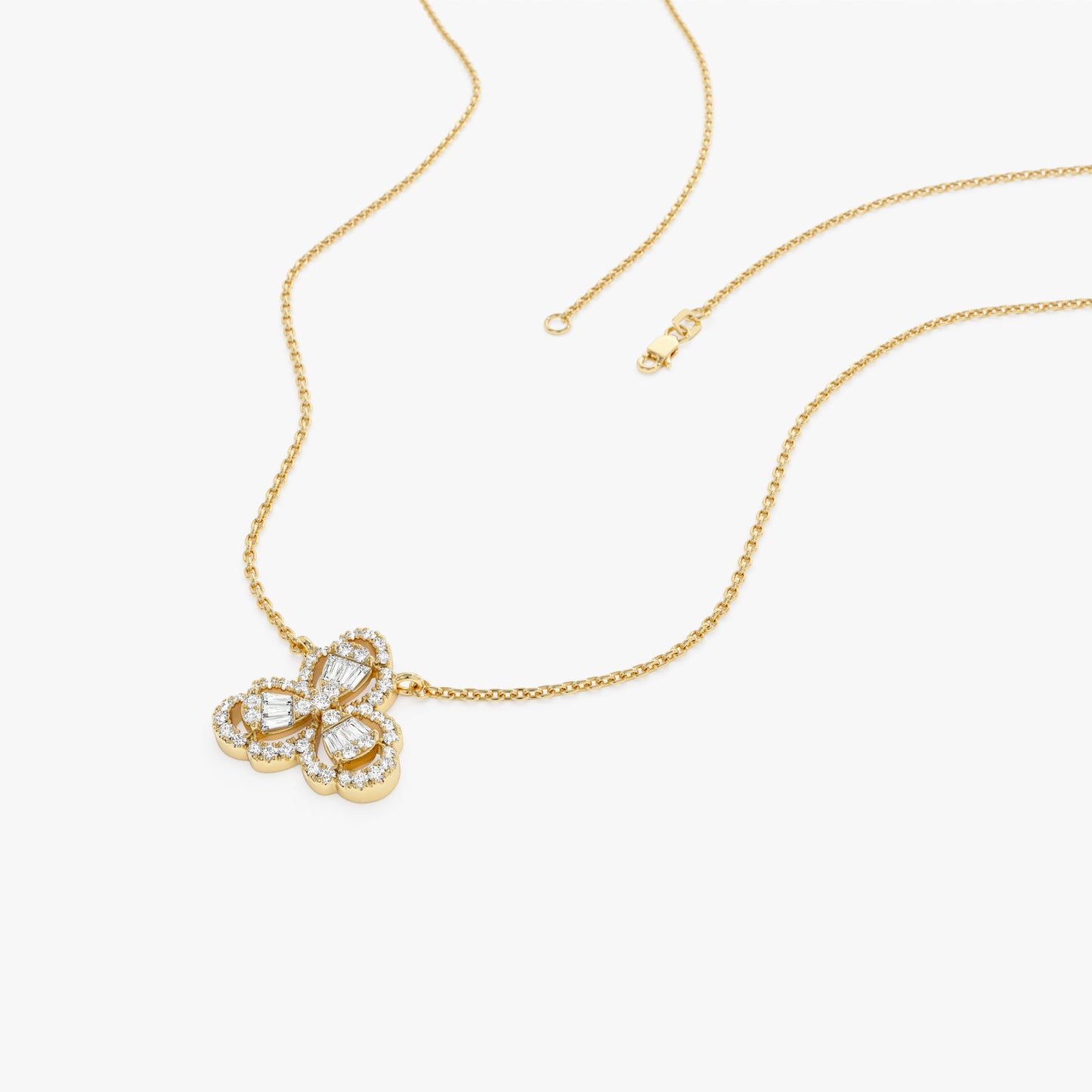 14K Gold Clover Baguette Diamond Necklace