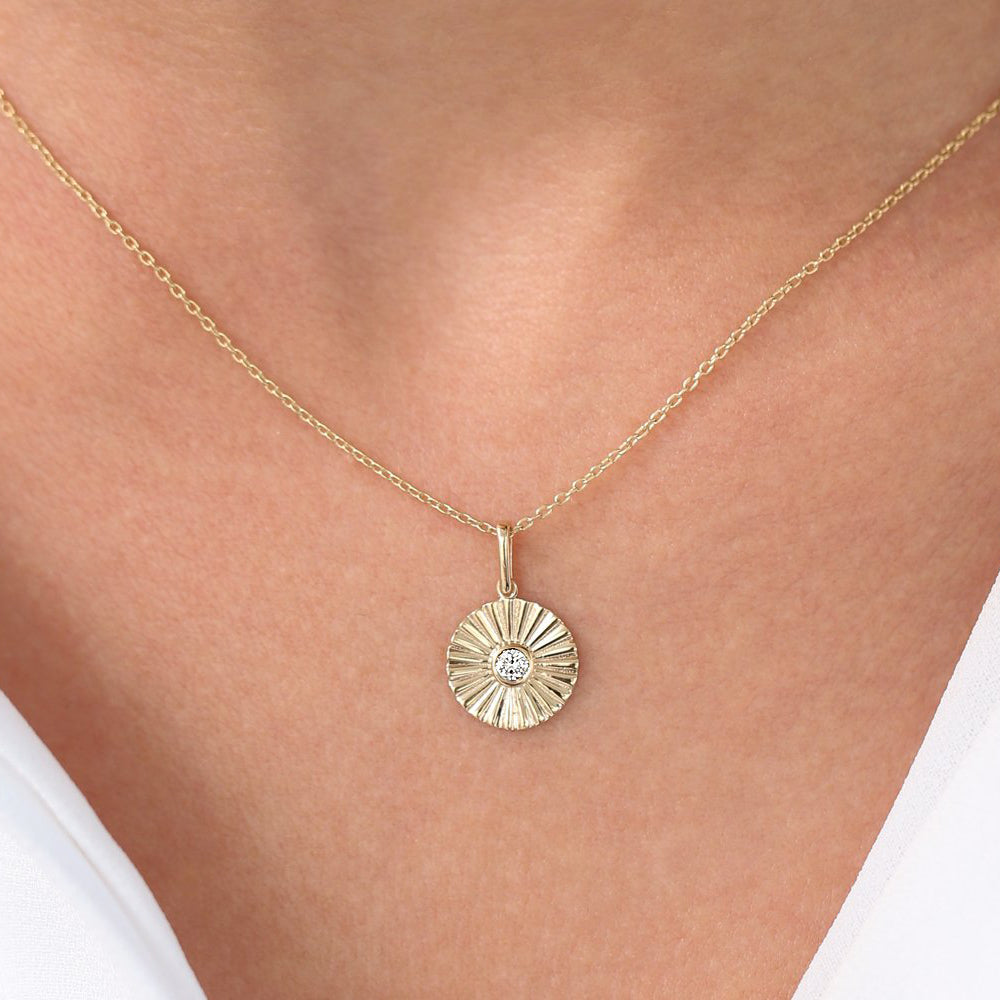 14K Gold Diamond Disc Ray Necklace