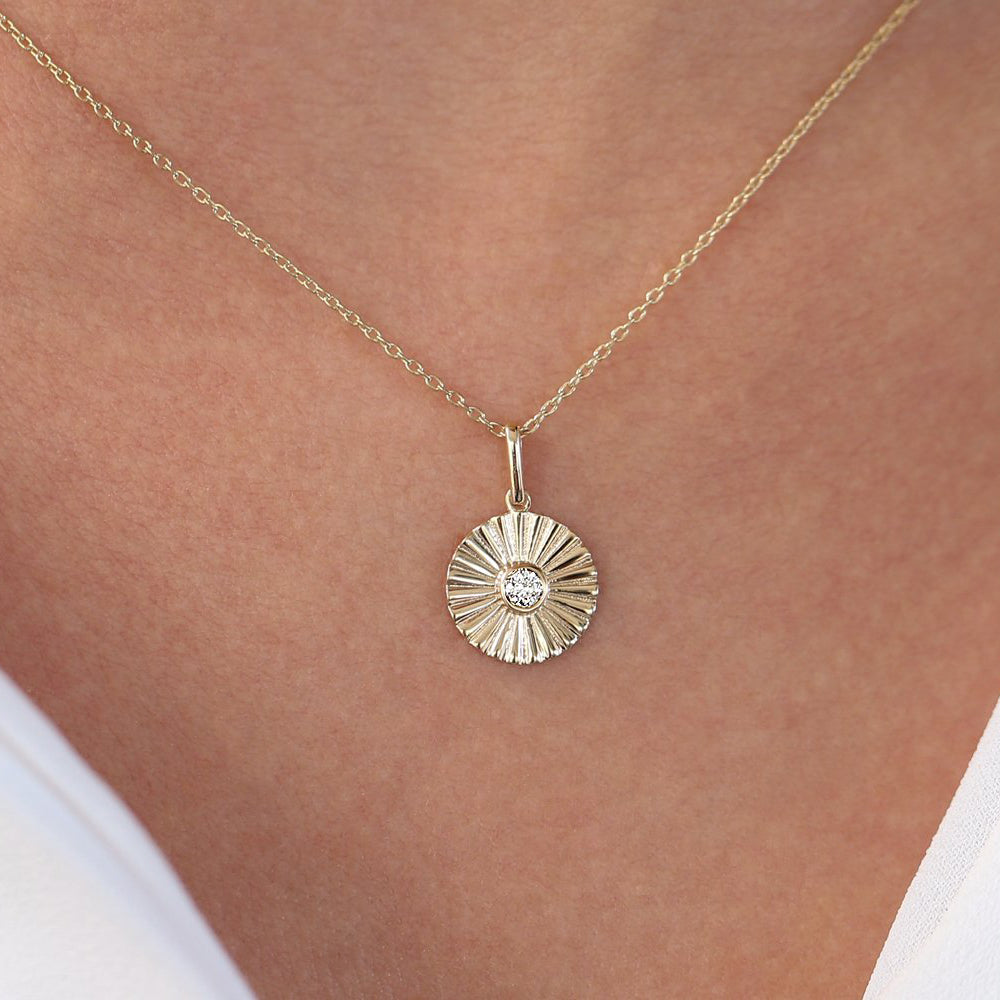 14K Gold Diamond Disc Ray Necklace