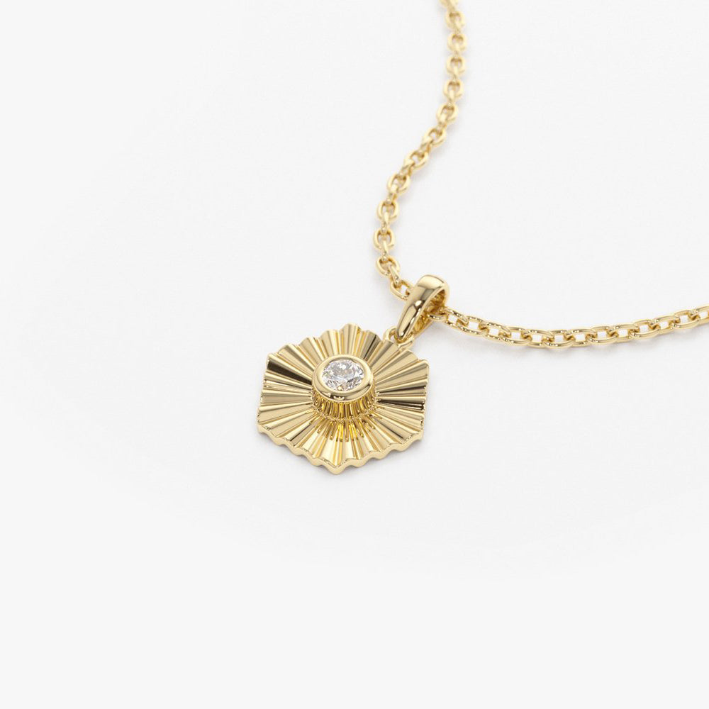 14K Gold Hexagon Diamond Disc Ray Necklace