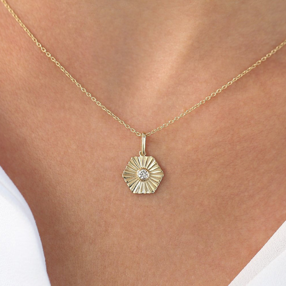 14K Gold Hexagon Diamond Disc Ray Necklace