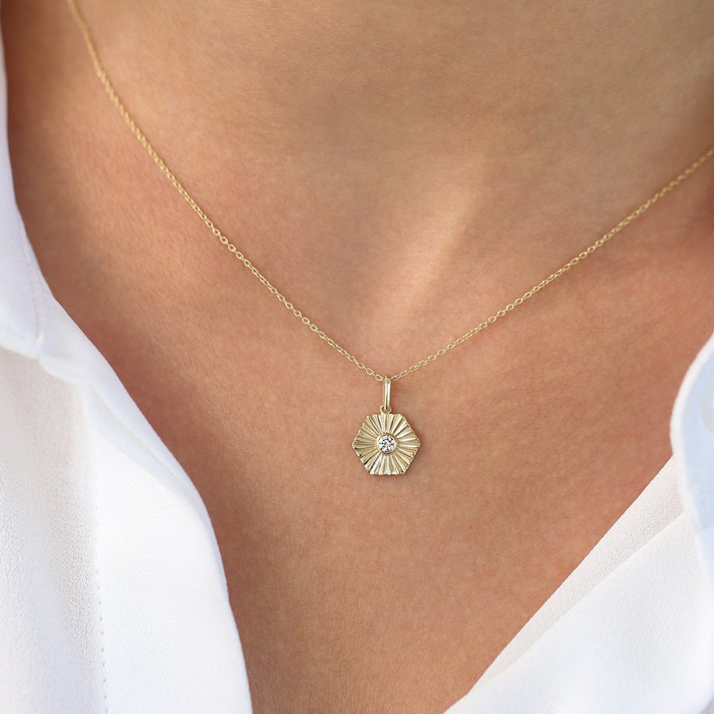 14K Gold Hexagon Diamond Disc Ray Necklace