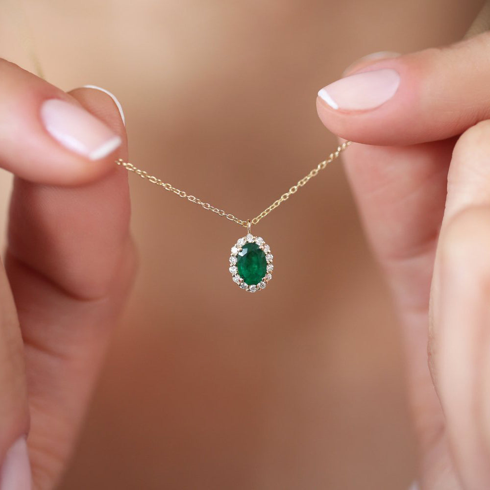 14K Gold Oval Cut Emerald Halo Diamond Necklace