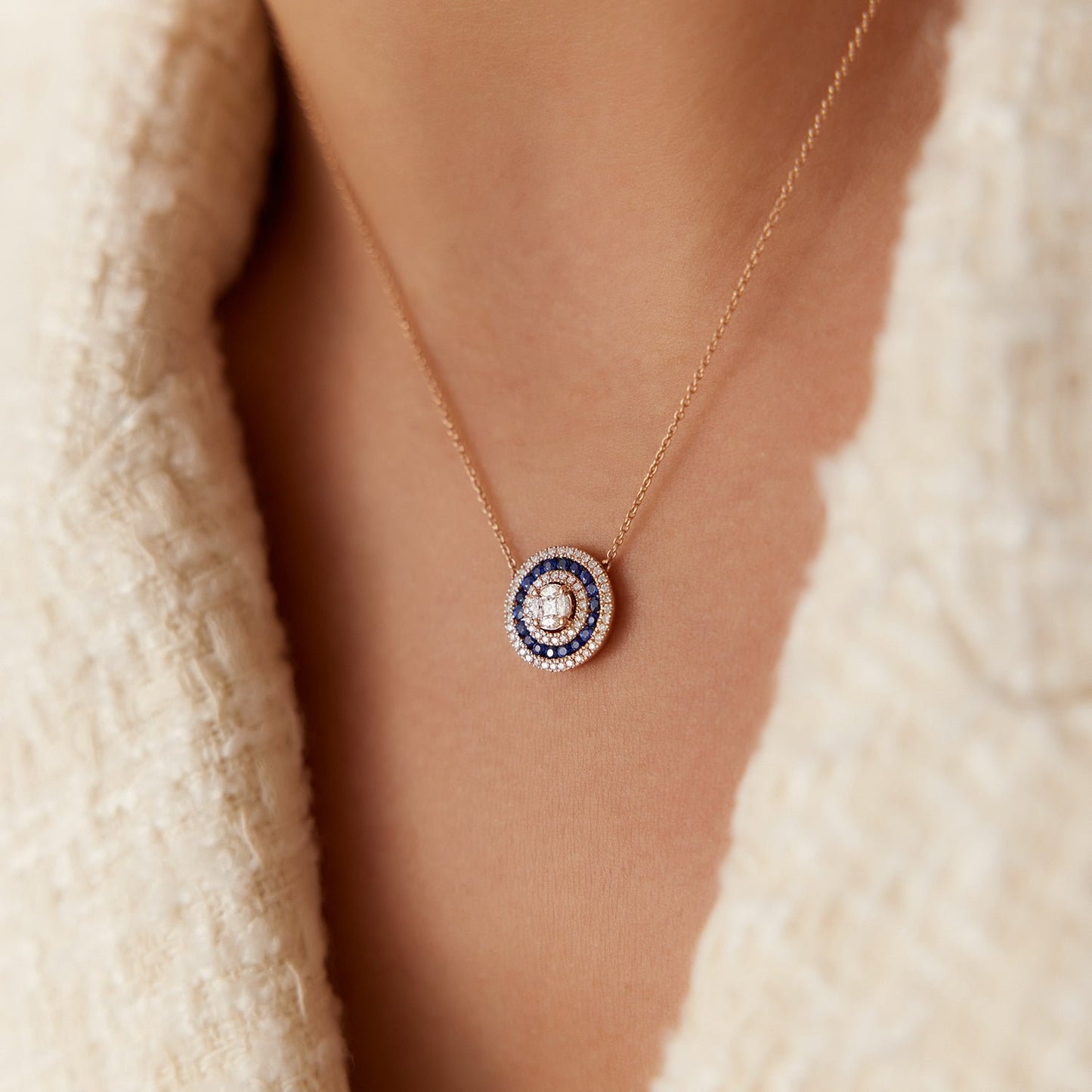 14K Gold Round Diamond Sapphire Necklace