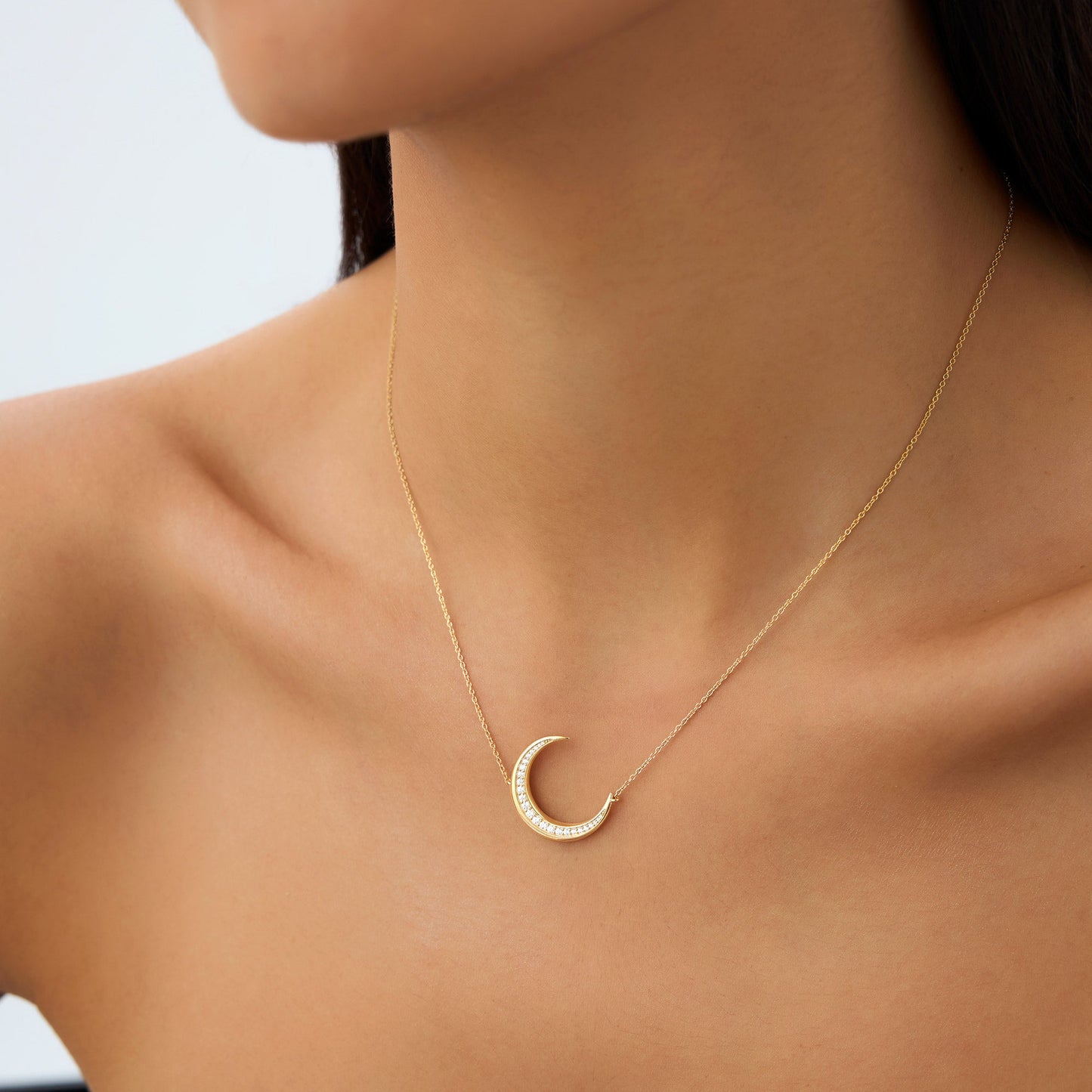 14k Large Diamond Crescent Moon Necklace