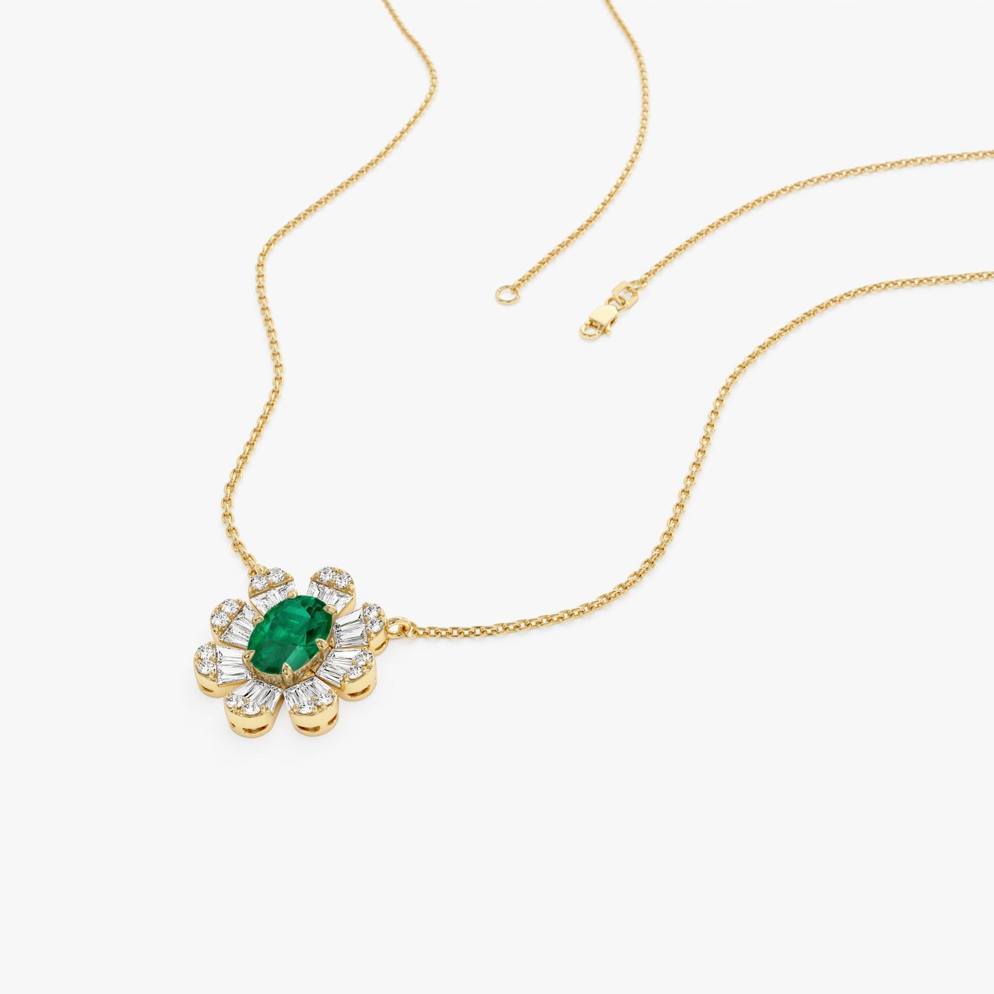 14k Oval Shape Emerald Necklace with Baguettes