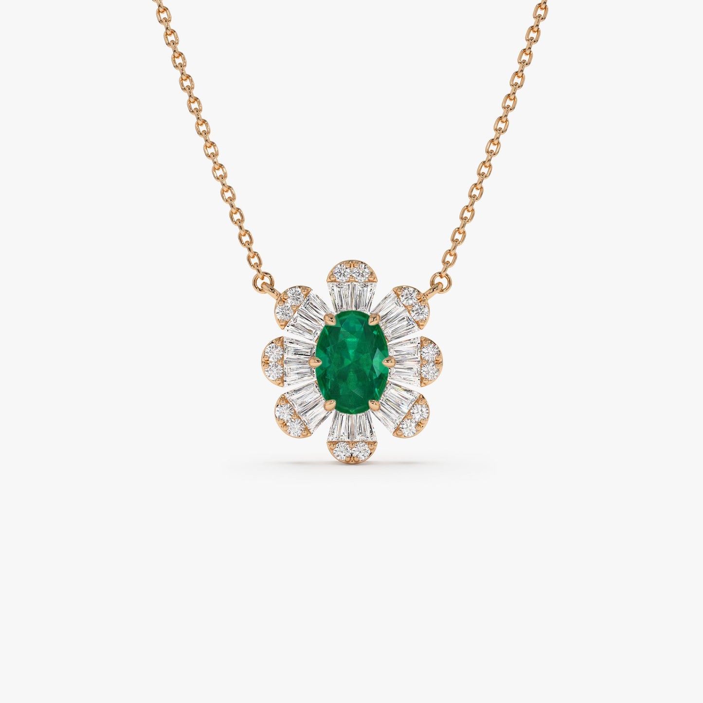 14k Oval Shape Emerald Necklace with Baguettes