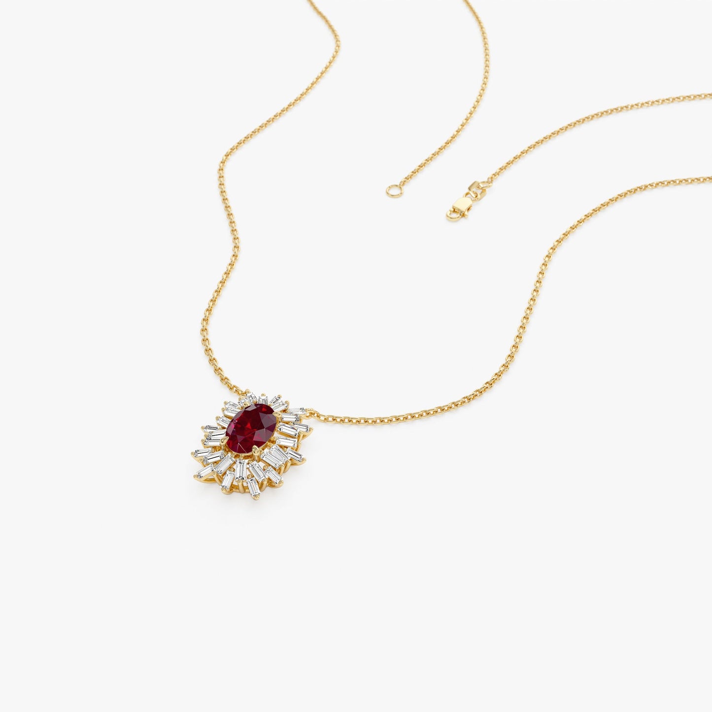 14k Oval Shape Ruby Necklace with Ballerina Baguettes