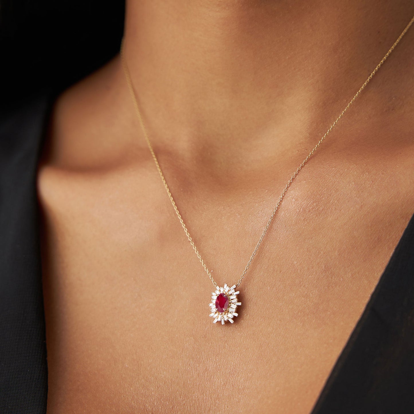 14k Oval Shape Ruby Necklace with Ballerina Baguettes