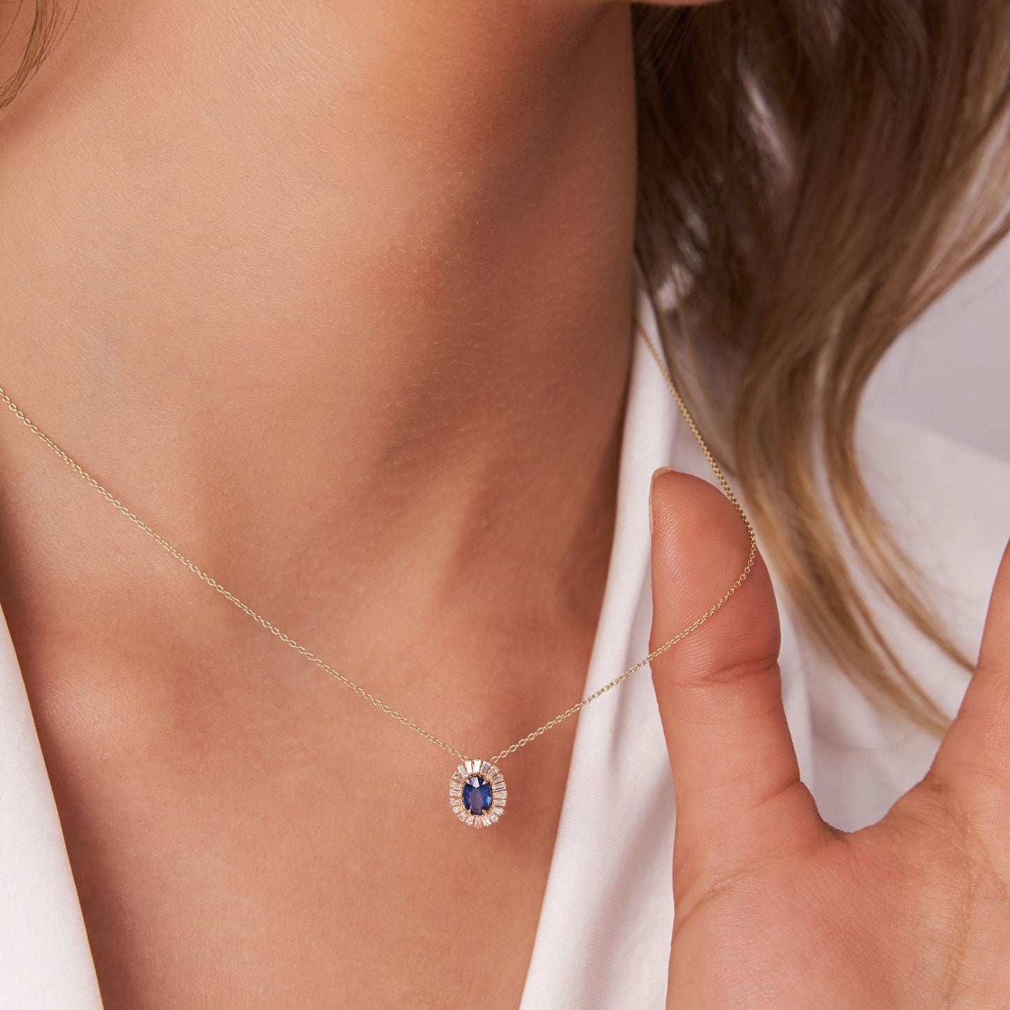 14k Oval Shape Sapphire with Baguette Halo Setting Necklace