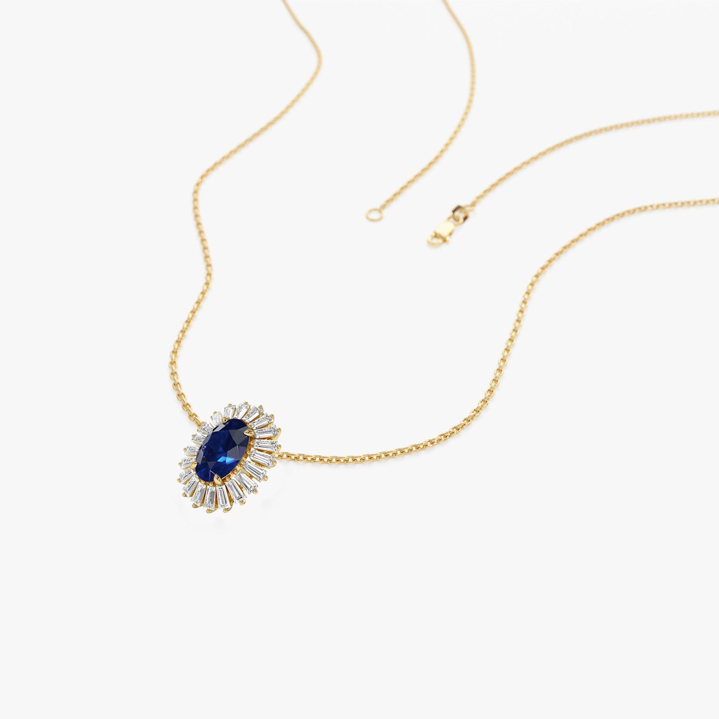 14k Oval Shape Sapphire with Baguette Halo Setting Necklace