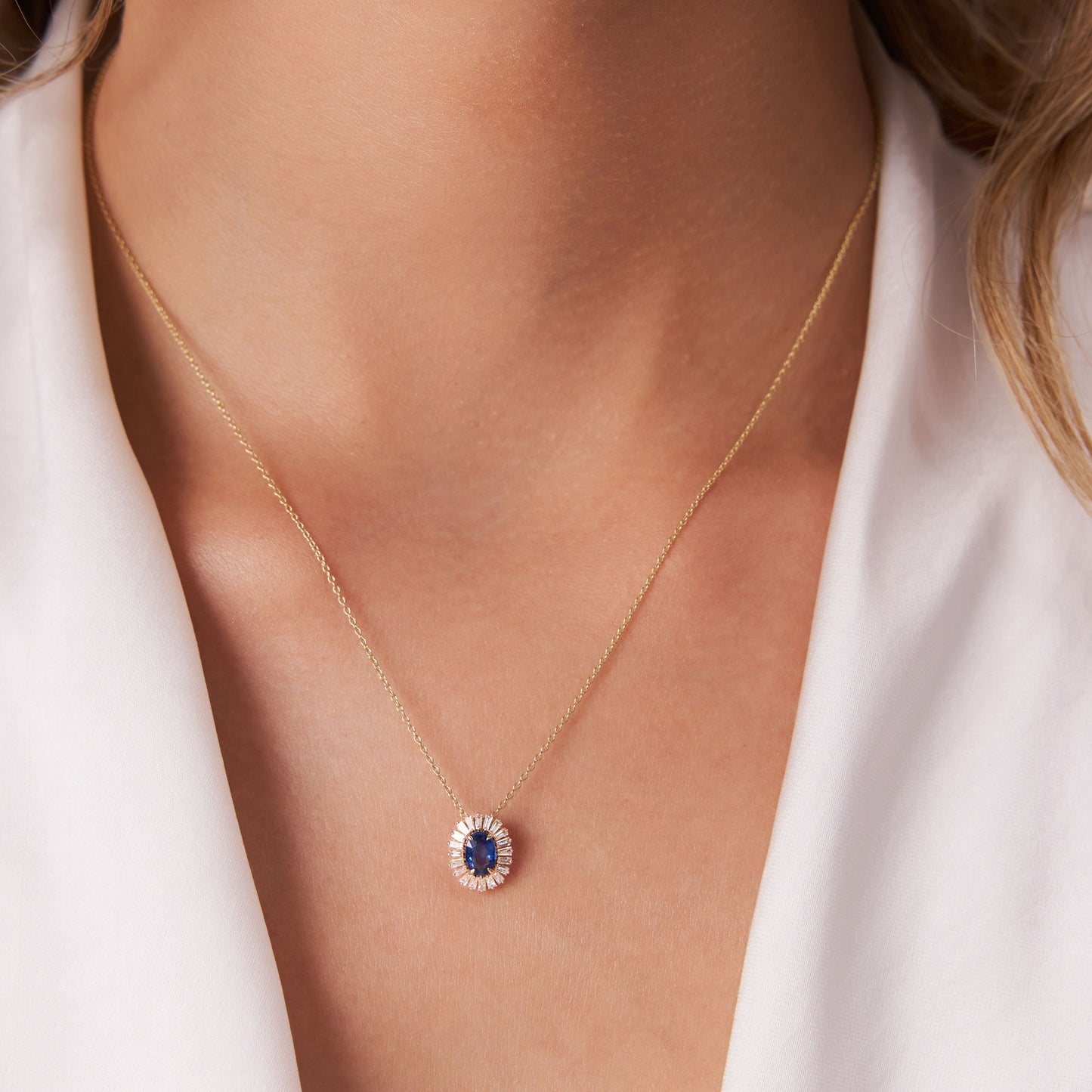 14k Oval Shape Sapphire with Baguette Halo Setting Necklace