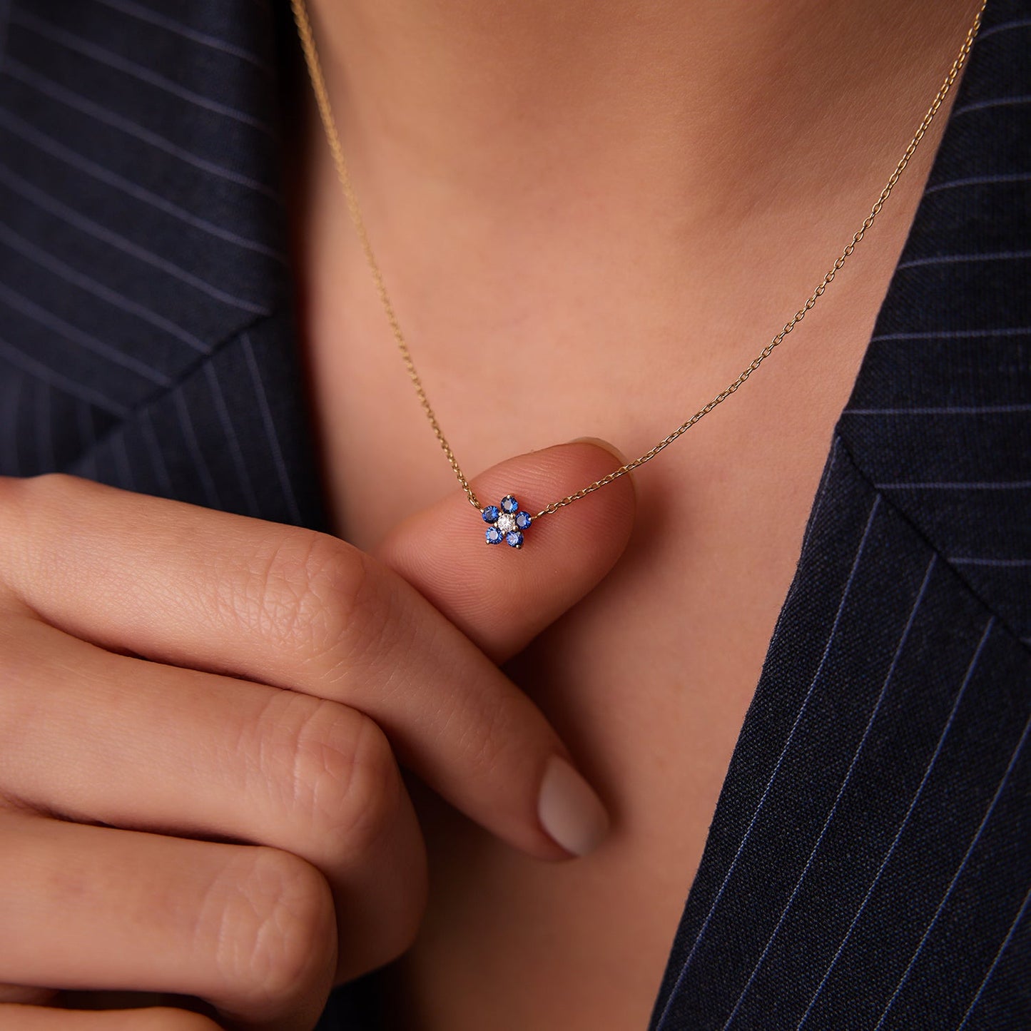 14k Sapphire and Diamond Flower Charm Necklace