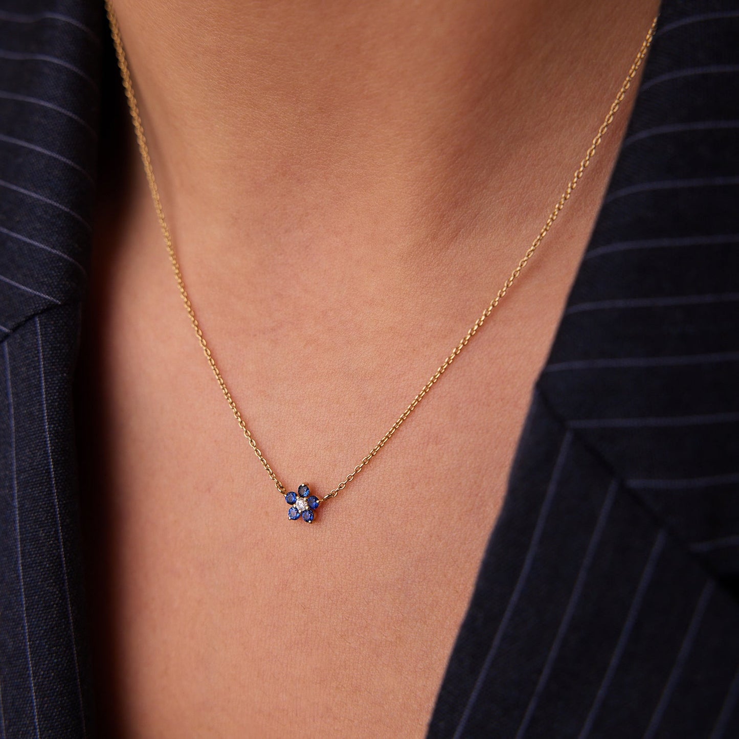 14k Sapphire and Diamond Flower Charm Necklace