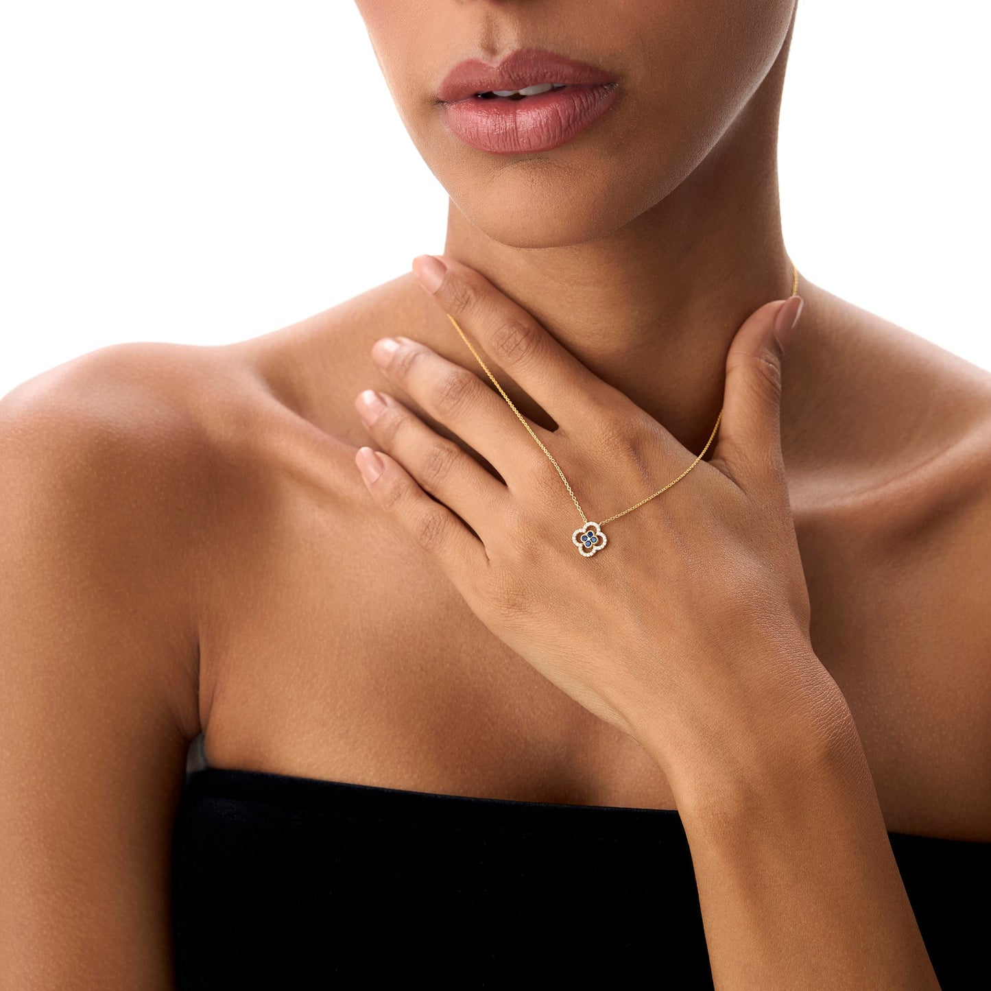 14k Sapphire Clover Necklace in Halo Setting
