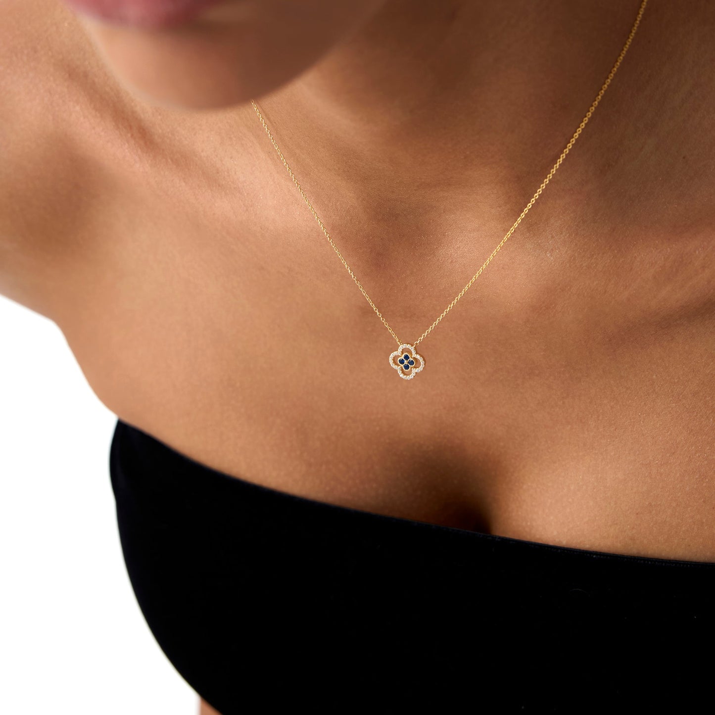14k Sapphire Clover Necklace in Halo Setting