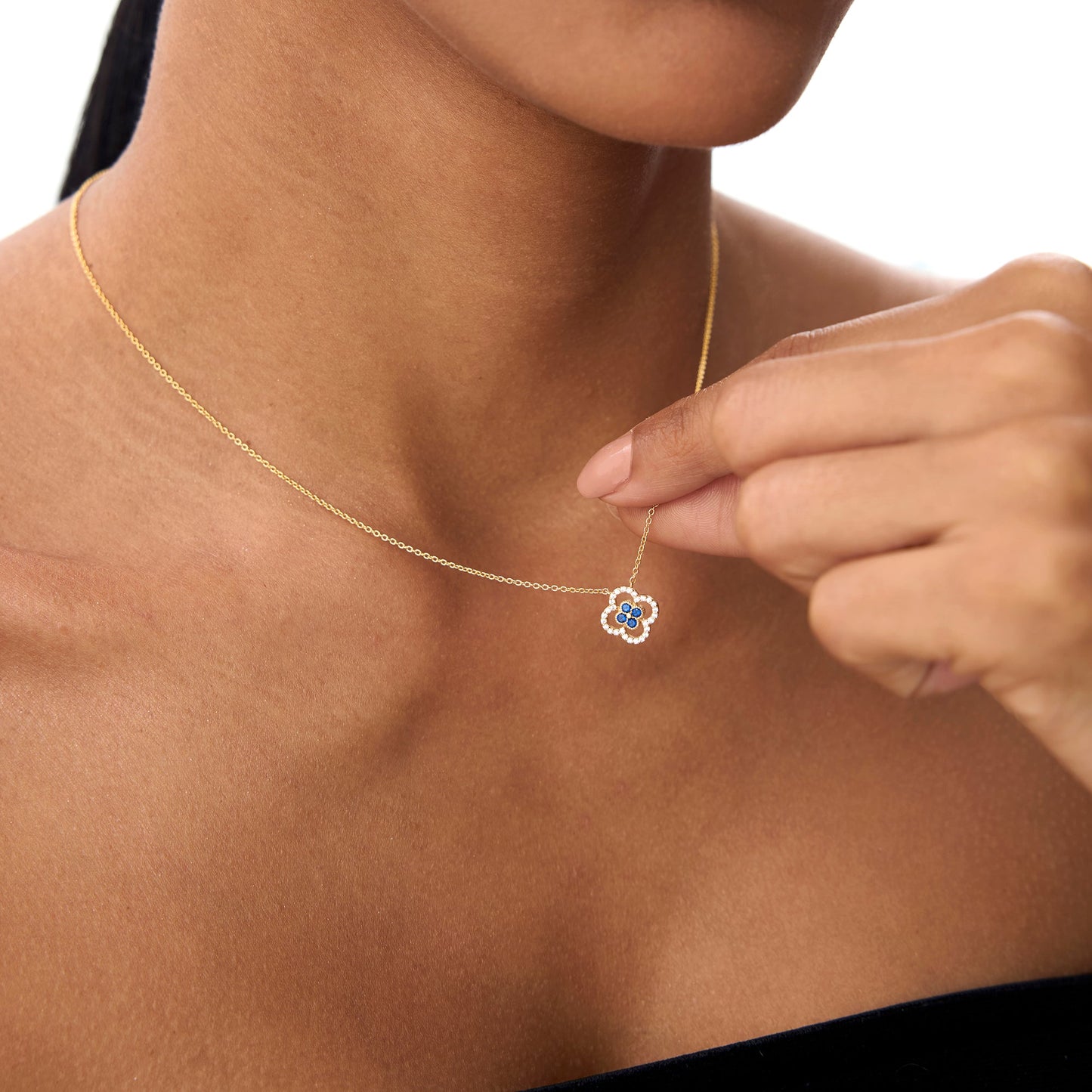 14k Sapphire Clover Necklace in Halo Setting