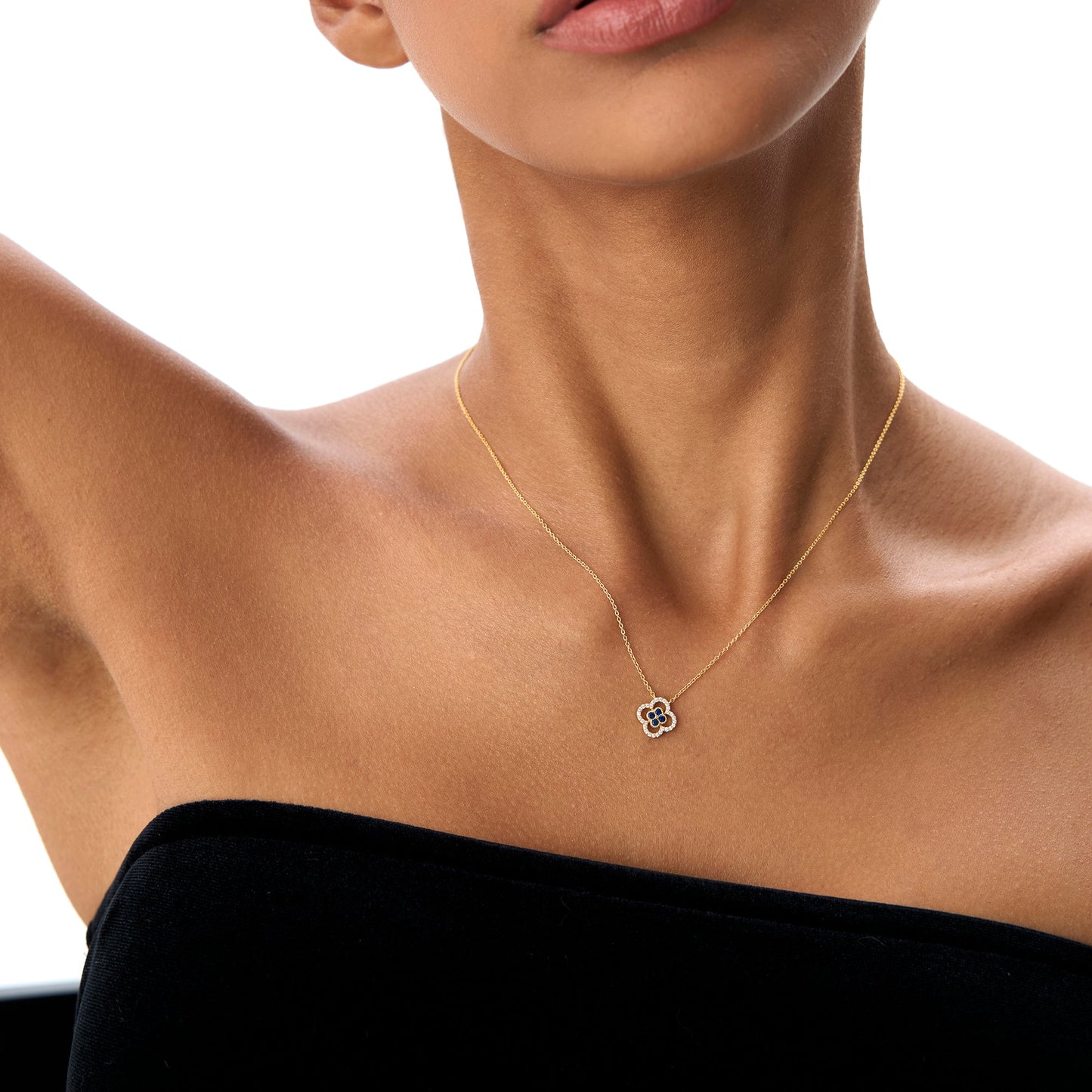 14k Sapphire Clover Necklace in Halo Setting