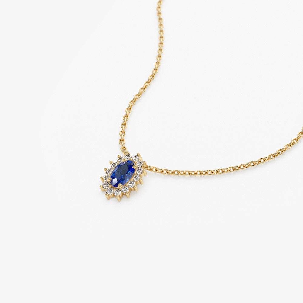 14k Sapphire Necklace with Halo Diamonds Necklace