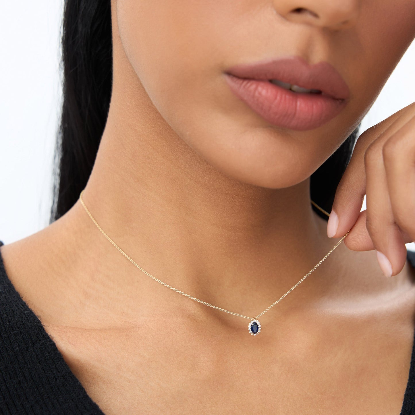 14k Sapphire Necklace with Halo Diamonds Necklace