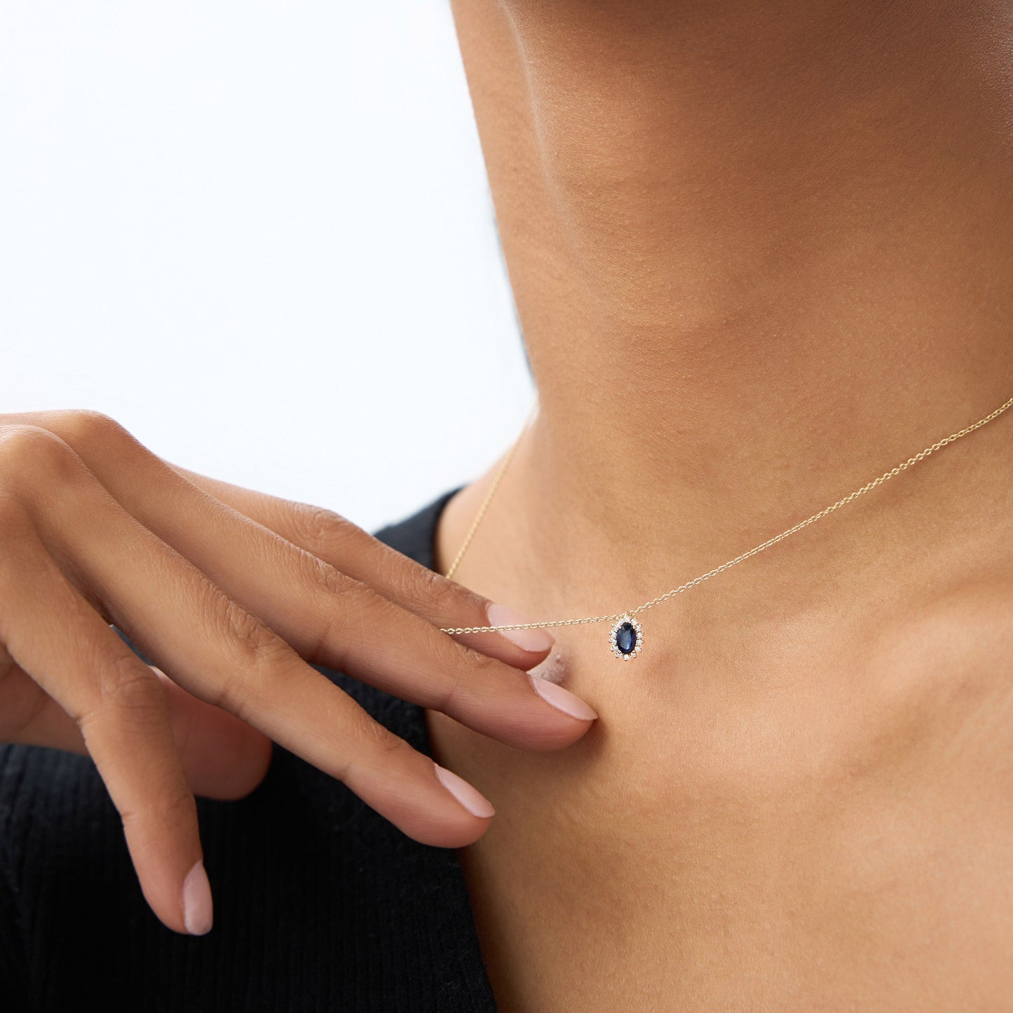 14k Sapphire Necklace with Halo Diamonds Necklace