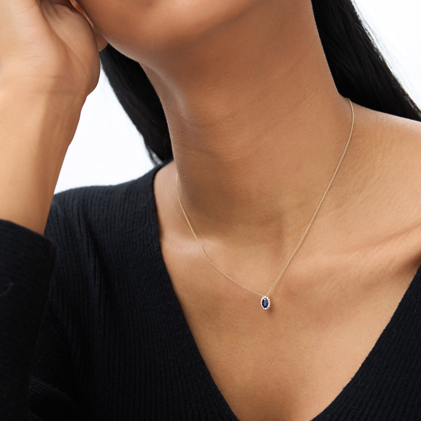 14k Sapphire Necklace with Halo Diamonds Necklace