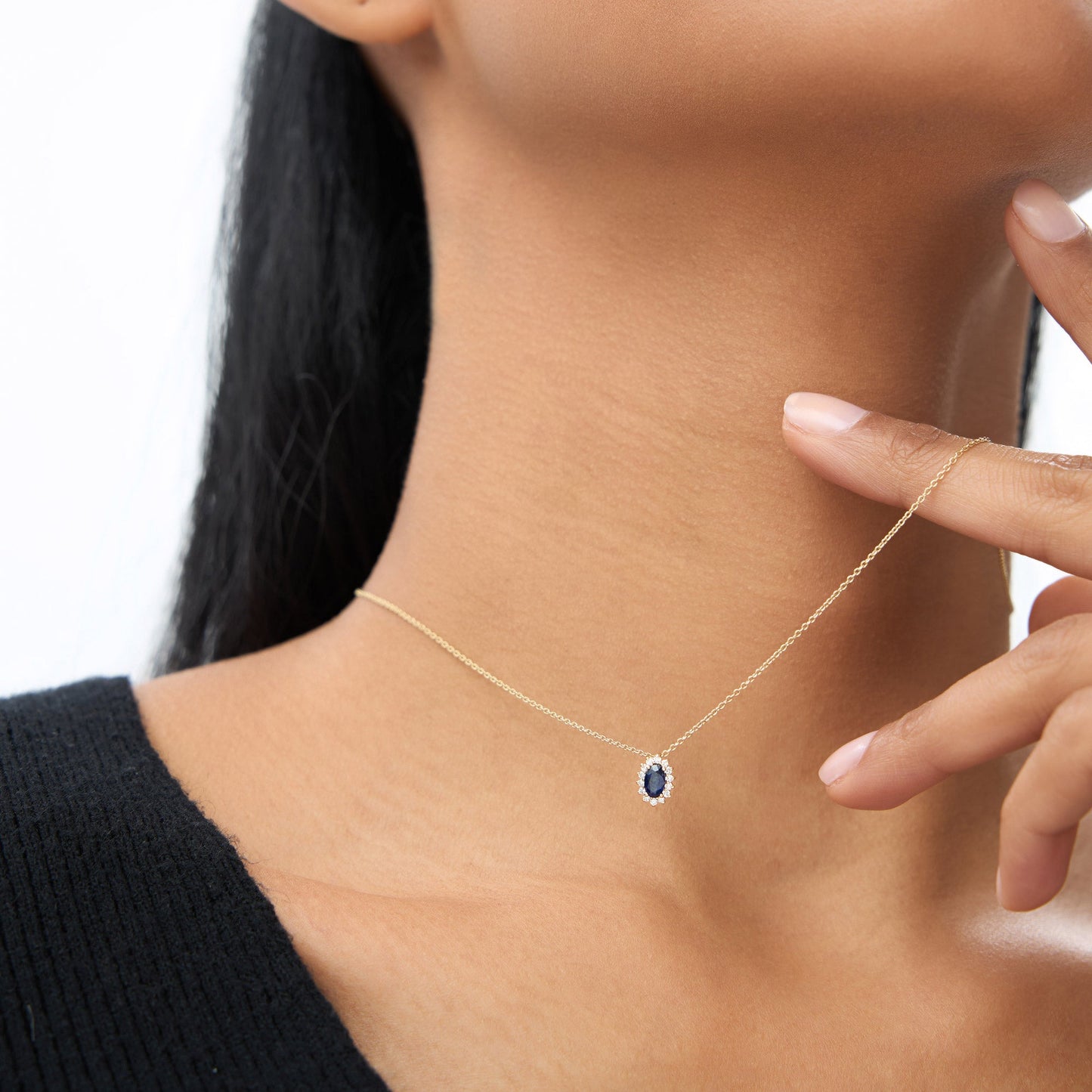 14k Sapphire Necklace with Halo Diamonds Necklace
