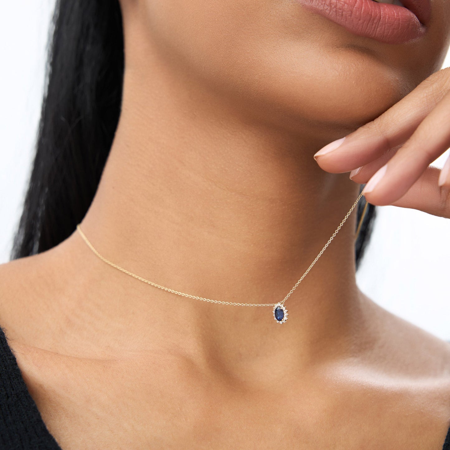 14k Sapphire Necklace with Halo Diamonds Necklace