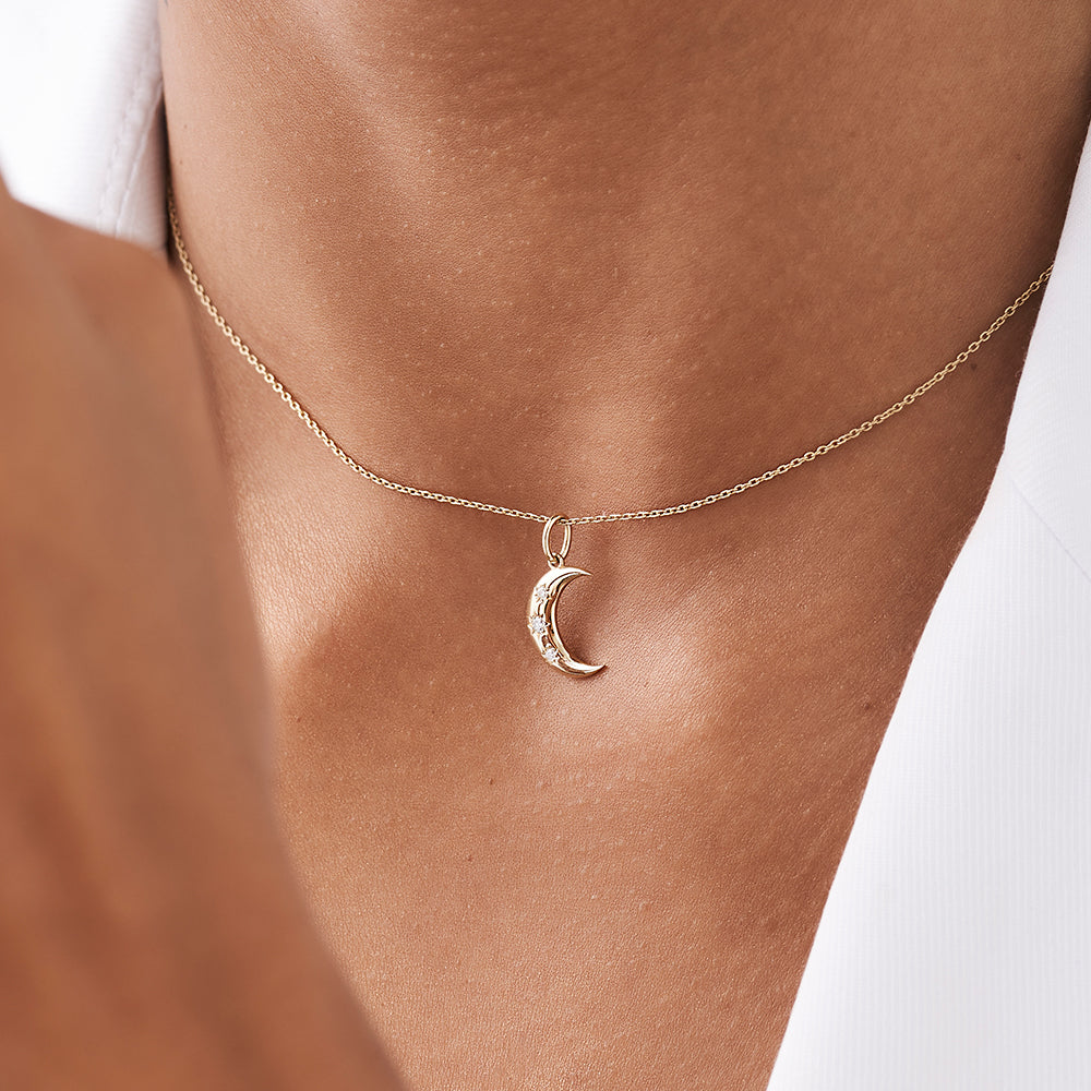 14k Star Setting Crescent Diamond Necklace