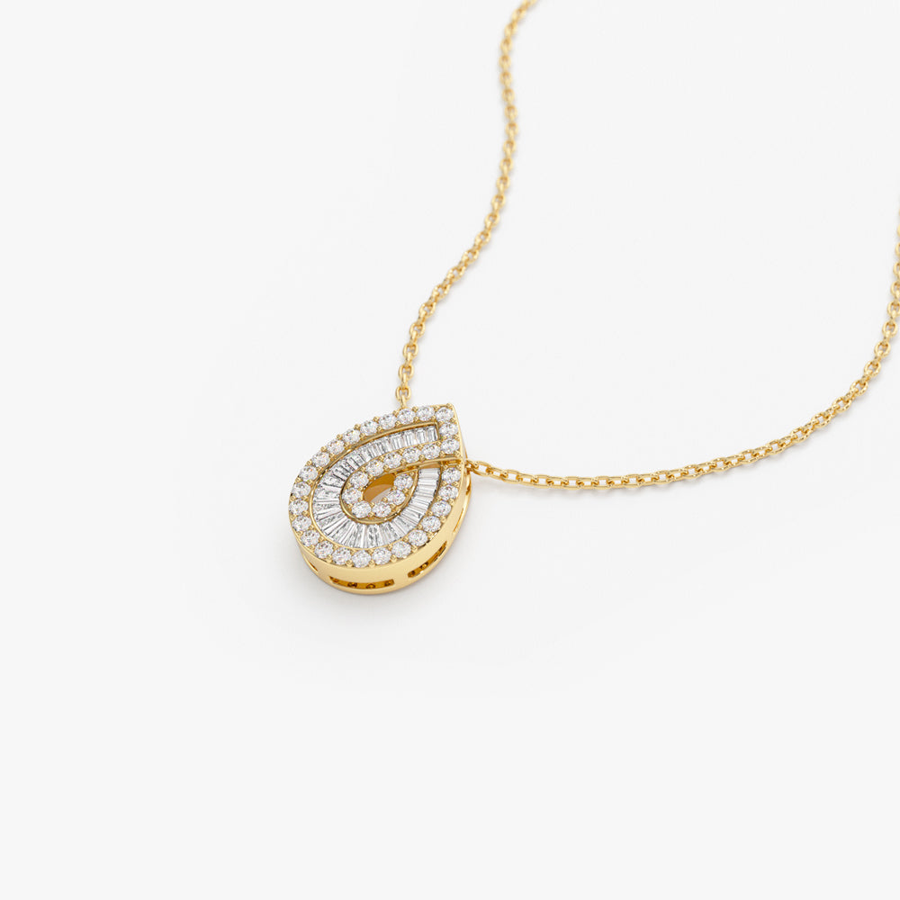 14k Teardrop Shape Baguette and Round Diamond Statement Necklace