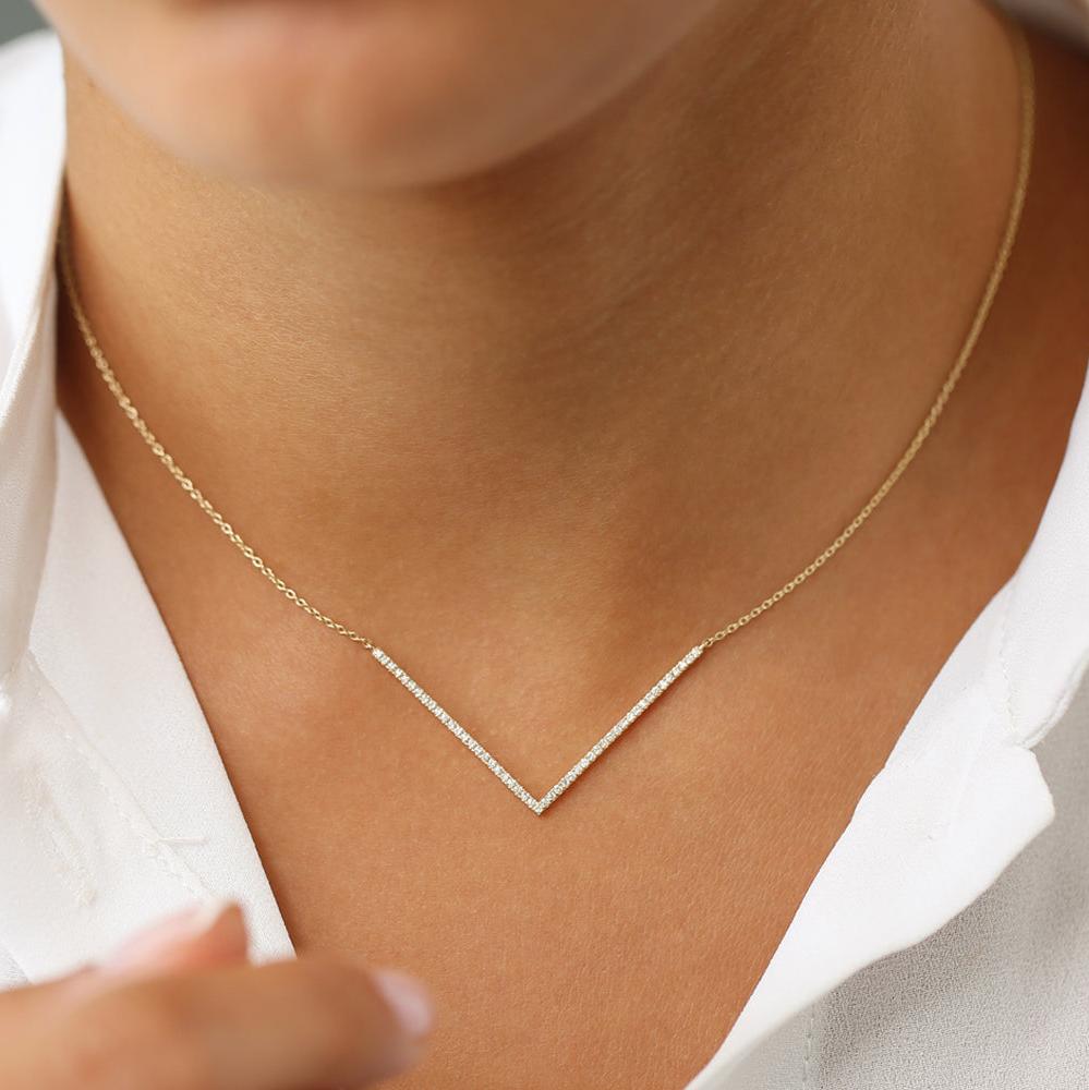 14K V Shaped Diamond Chevron Necklace